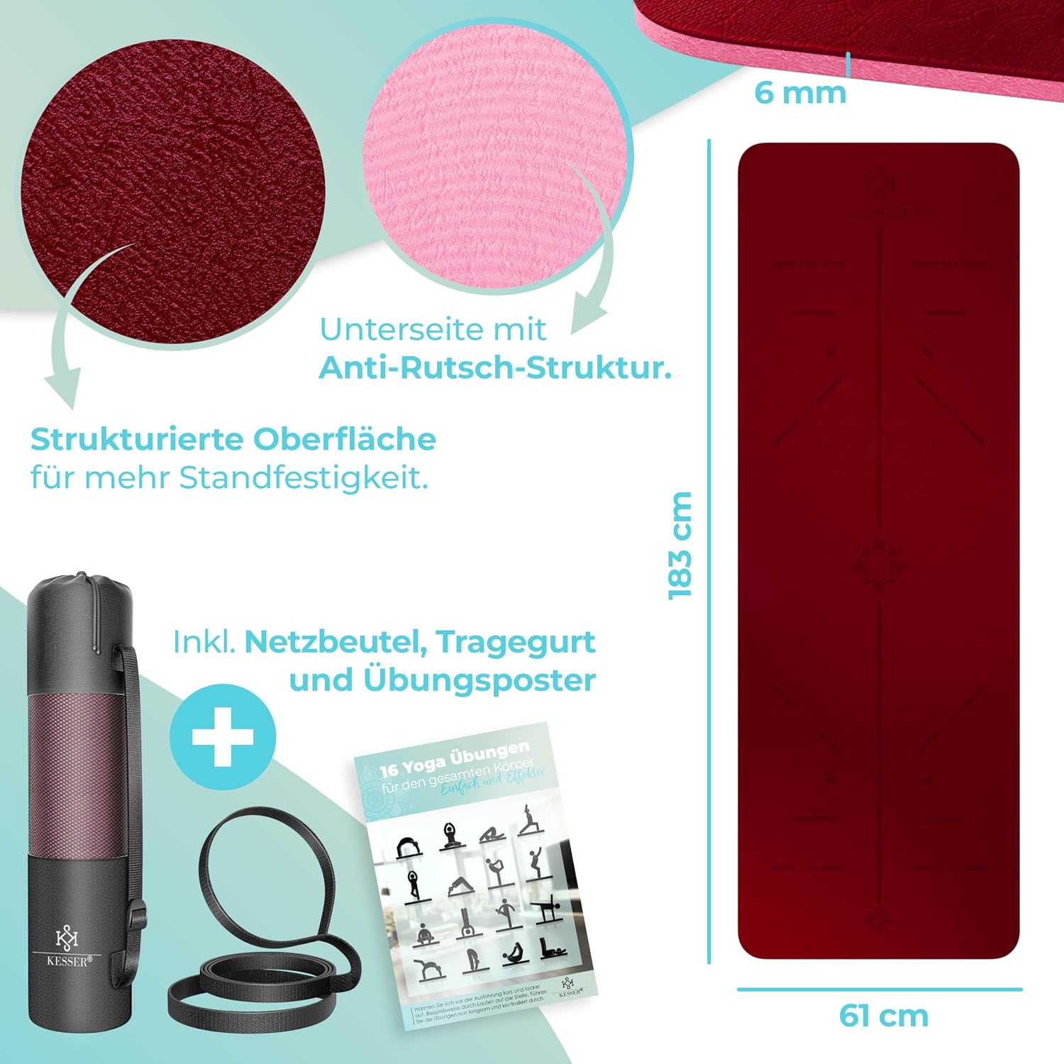 Thumbnail 6 de KESSER® Gymnastikmatte mit Tragegurt – rutschfeste TPE Yogamatte 183 × 61 cm (6 mm)
