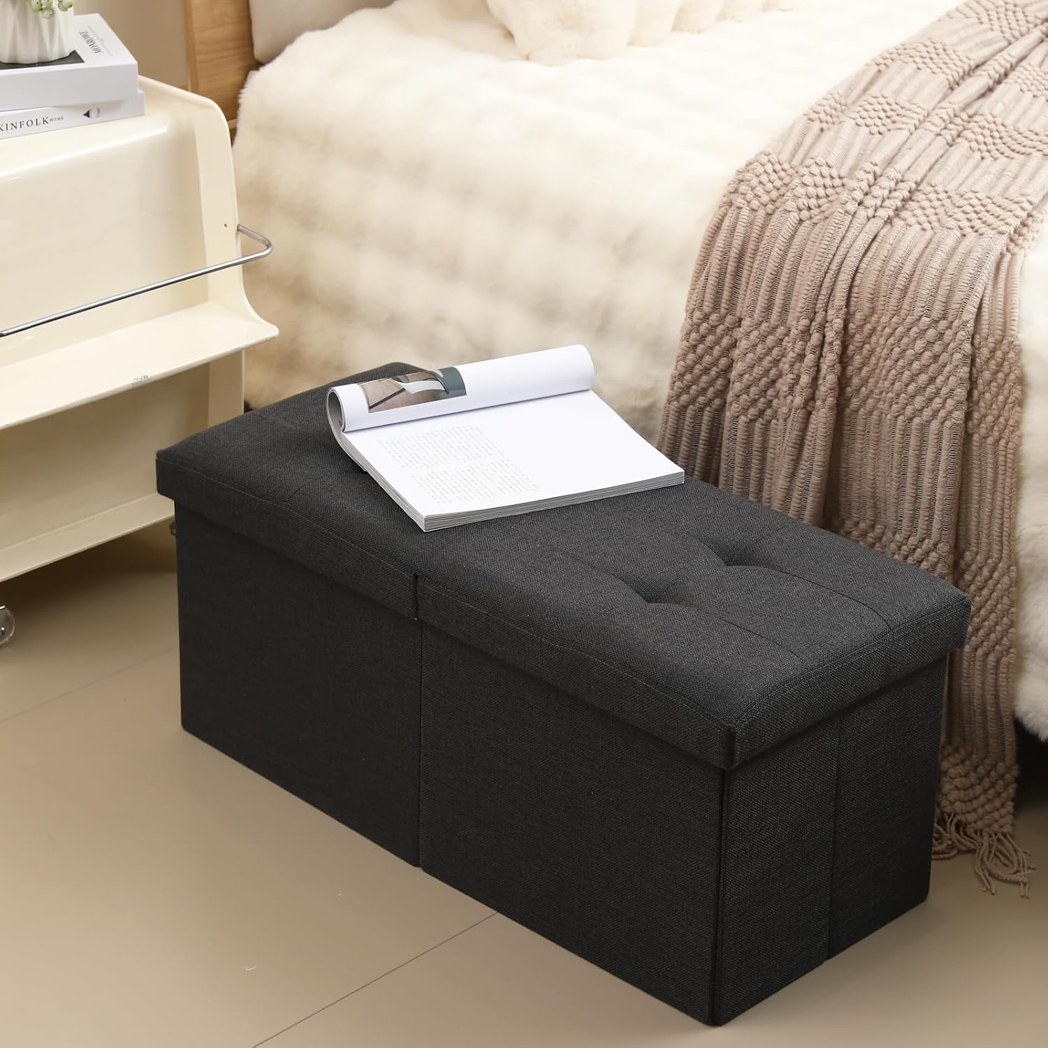 Thumbnail 1 de CUYOCA Storage Ottoman Bench: Foldable Seat, 75L Storage, Linen Sandy Beige