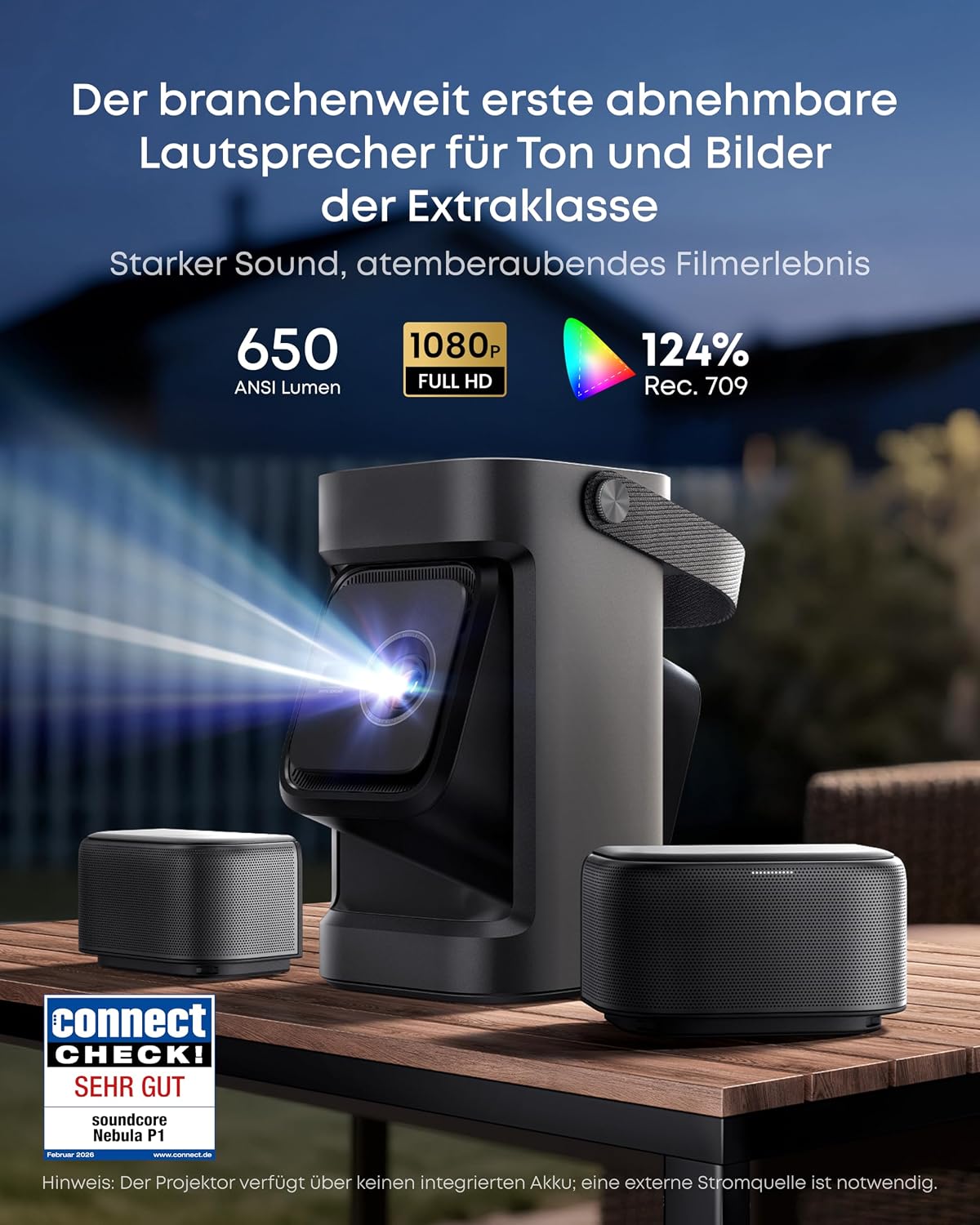 Detalle de Soundcore Nebula P1 Beamer mit 650 ANSI Lumen