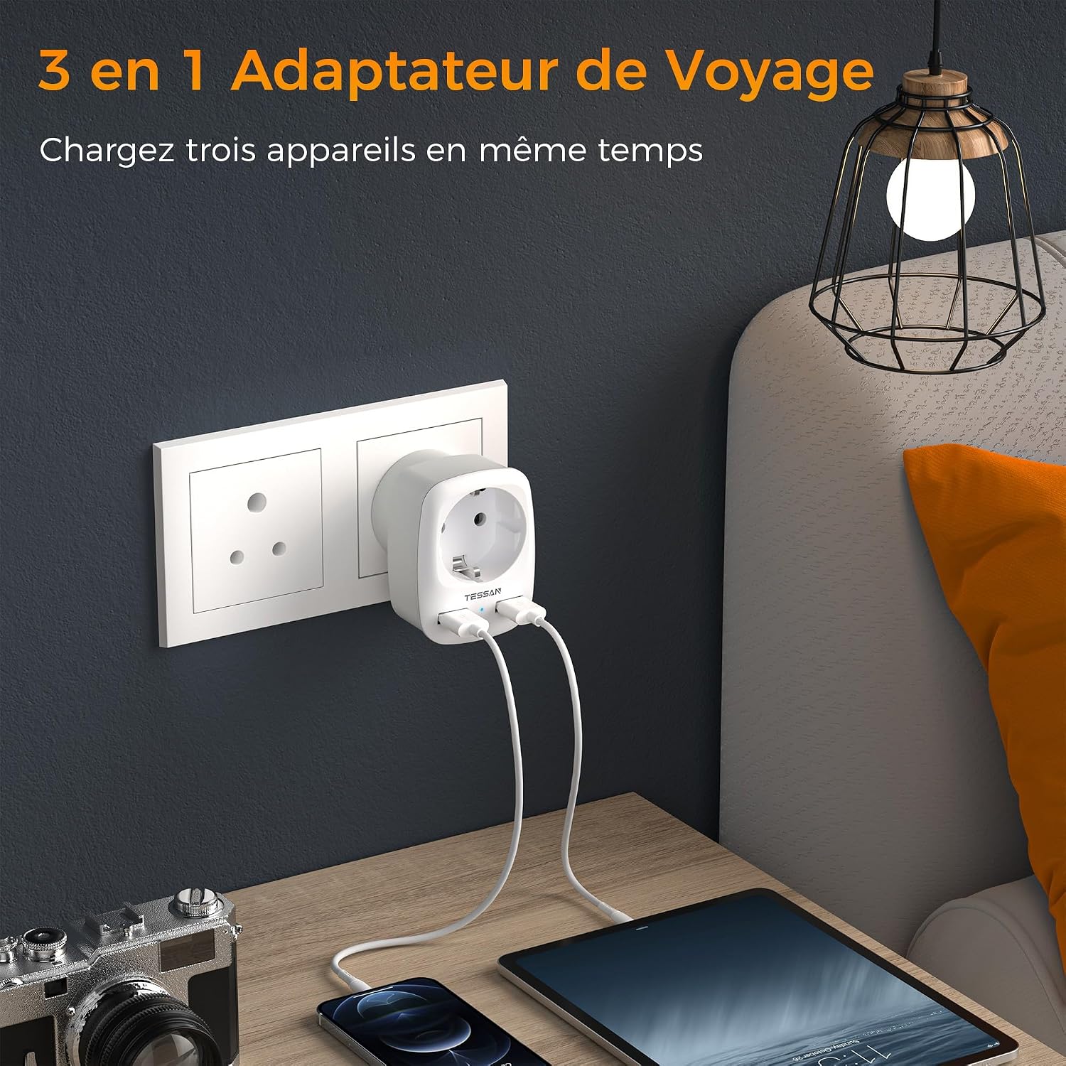 Detalle de TESSAN Pack de 2 adaptateurs prise Inde Type D avec 2 USB (3 en 1) pour Inde, Sri Lanka et Népal