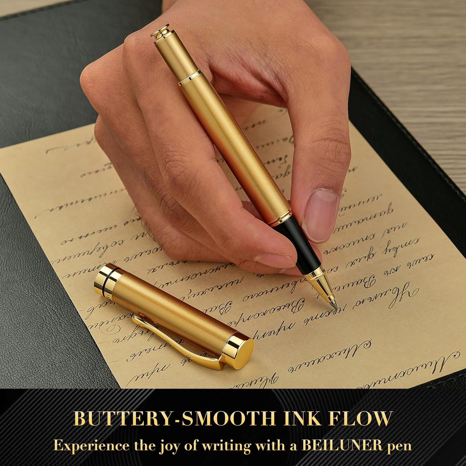 Detalle de BEILUNER Stainless Steel Pen Set with Golden Trim, Black Ink and Gift Box