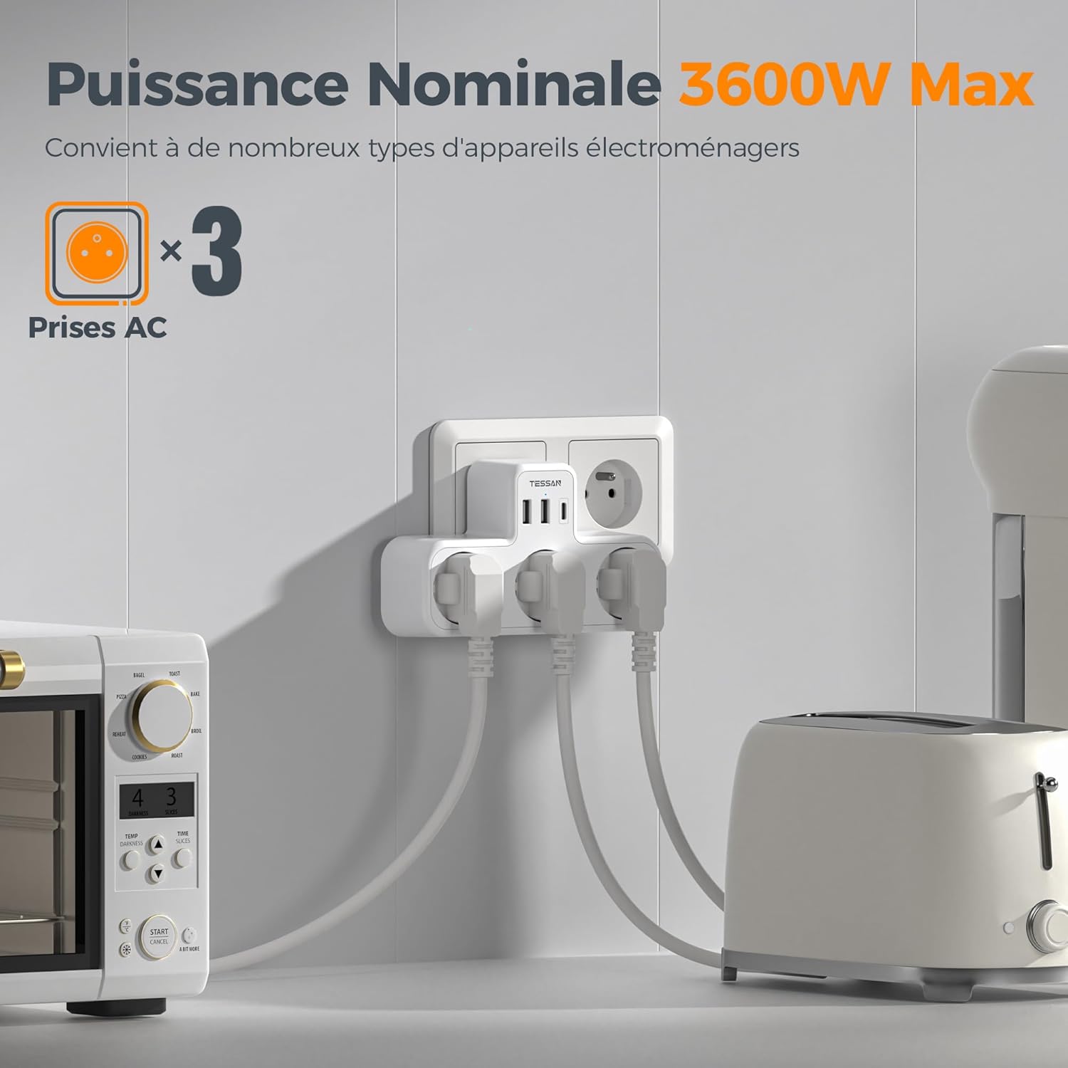 Detalle de TESSAN 6 en 1 Multiprise Murale USB-C, 3 Prises AC et 3 Ports USB – 3600W, design en T
