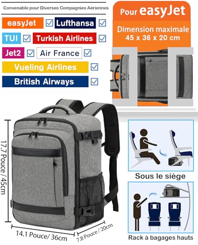 Detalle de KLOSTAIN Sac à Dos Voyage Cabine Avion 45x36x20 - 30L pour EasyJet, Noir Gris Mélangé, ordinateur 14 pouces