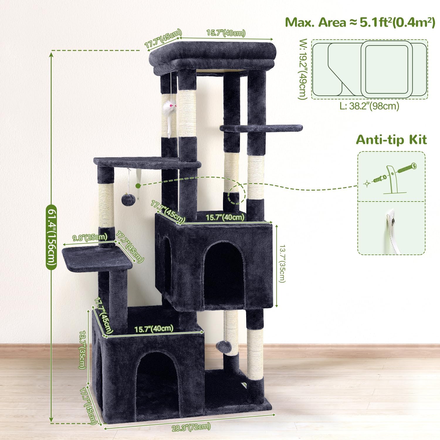 Detalle 2 de Globlazer F61 Cat Tree for Large Cats, 61-Inch, Six Levels, Dark Gray