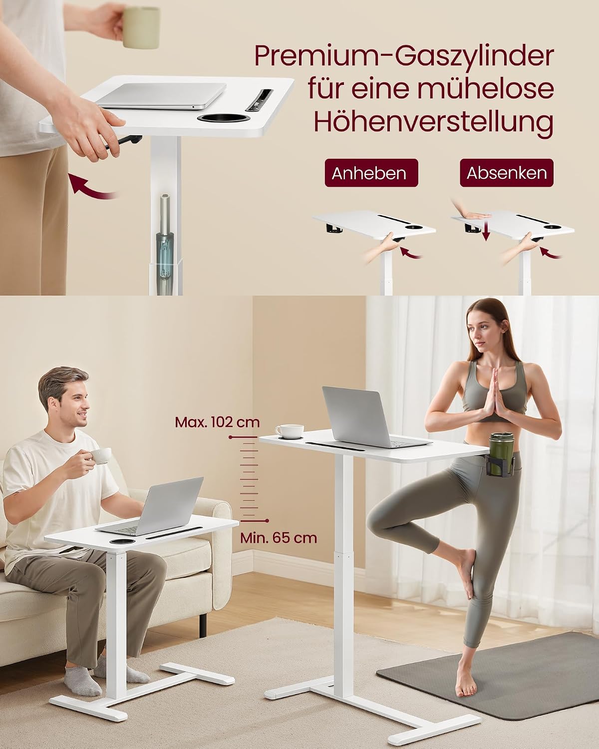 Detalle 2 de VASAGLE Beistelltisch mit Rollen LSD600W01 – mobiler Stehtisch, 70 × 40 cm, höhenverstellbar