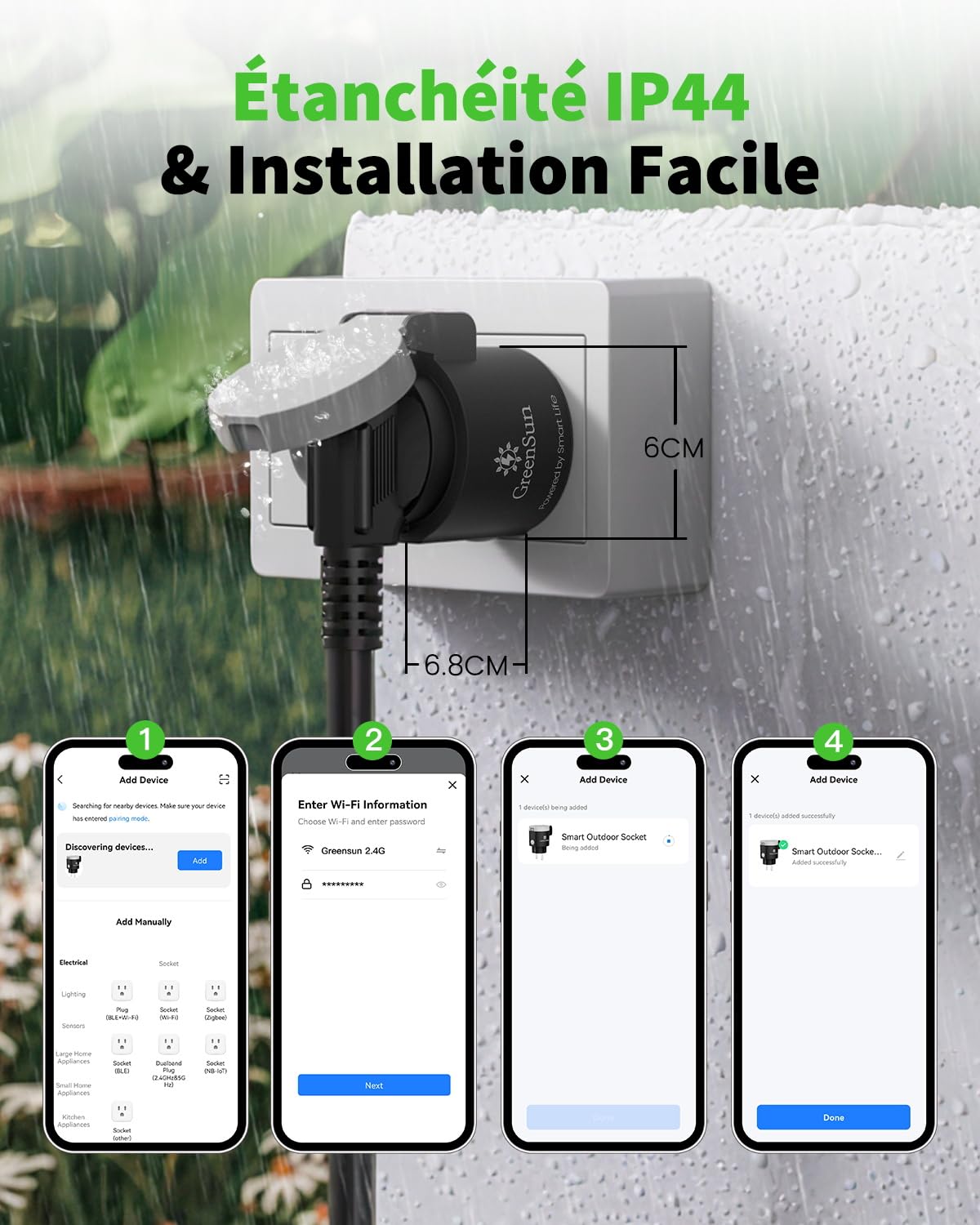 Detalle 2 de GreenSun Prise Extérieure Connectée WiFi 16A Type E (4x) avec mesure & programmation