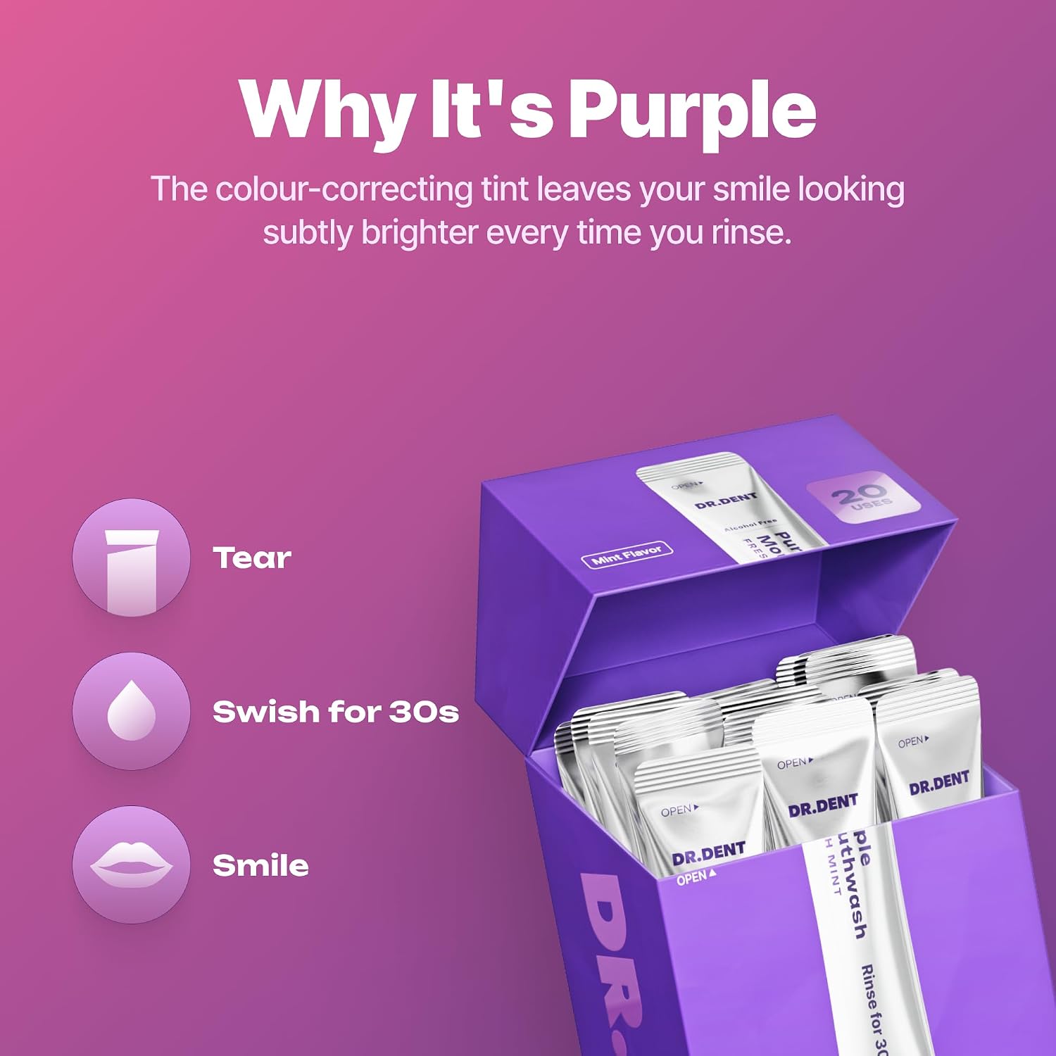 Thumbnail 6 de DR.DENT Purple Mouthwash for Teeth Whitening – Color Correcting, Peroxide-Free, 20 Sachets