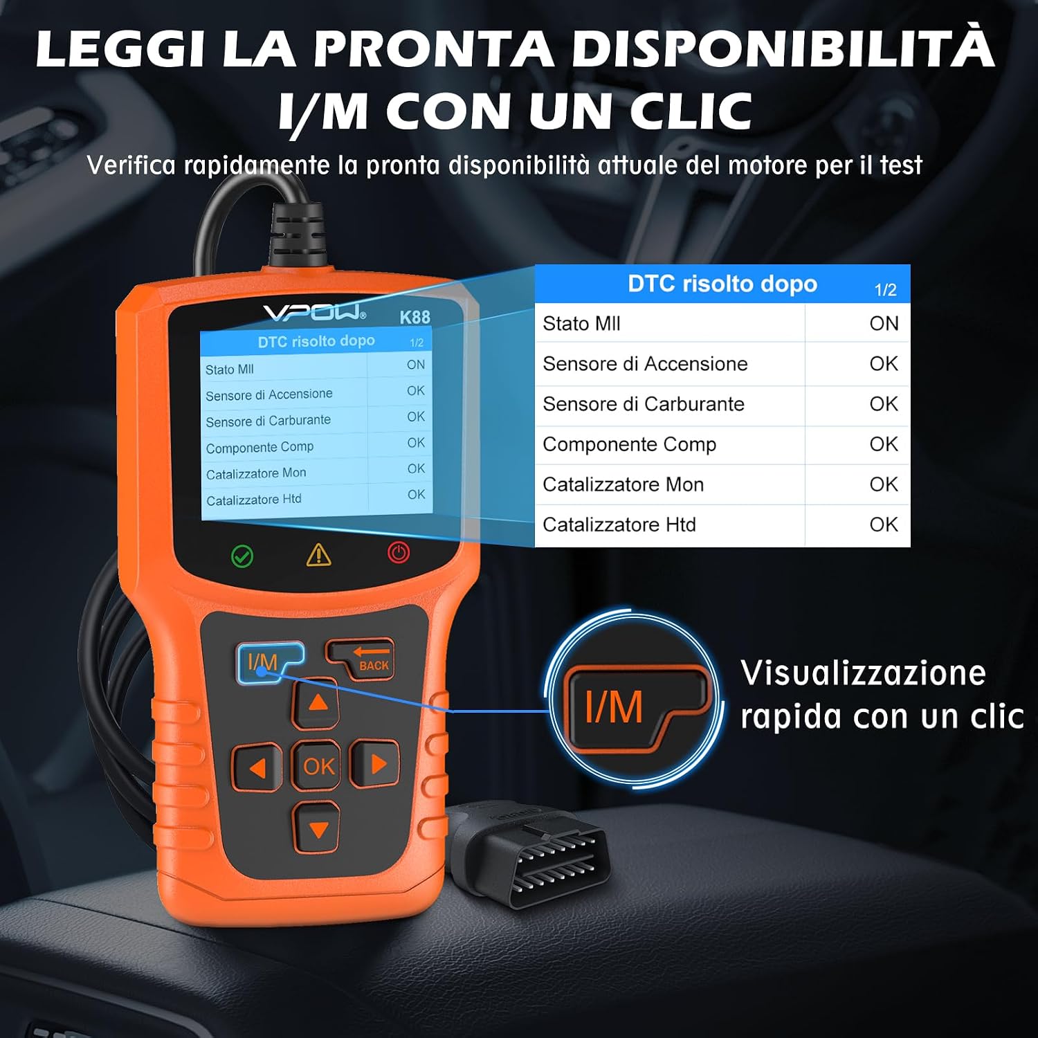 Detalle 2 de Scanner OBD2 VPOW con DTC estesi, test batteria e funzioni diagnostiche (OBDII/EOBD) per BMW, Mercedes e molte auto