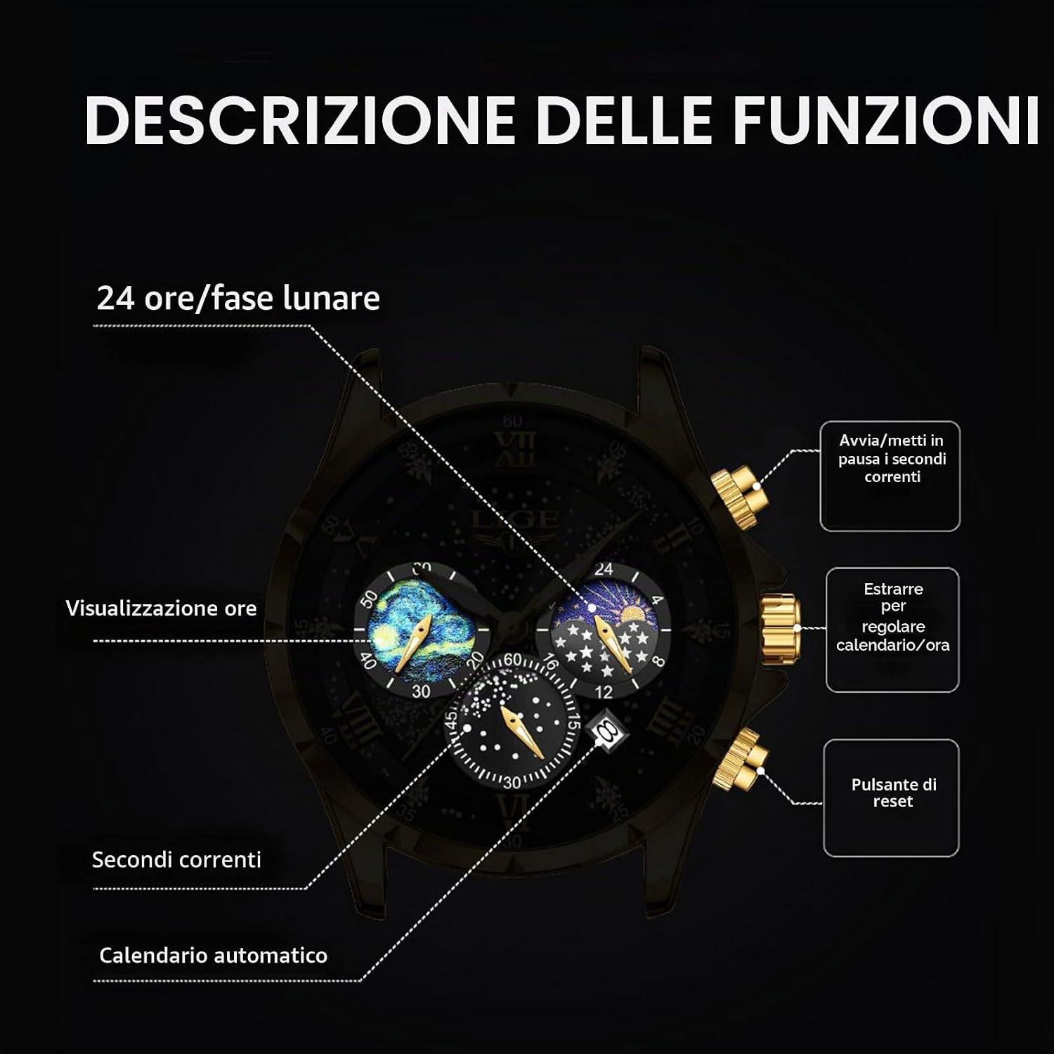 Detalle de LIGE Orologio da uomo cronografo al quarzo impermeabile con fasi lunari, data luminosa