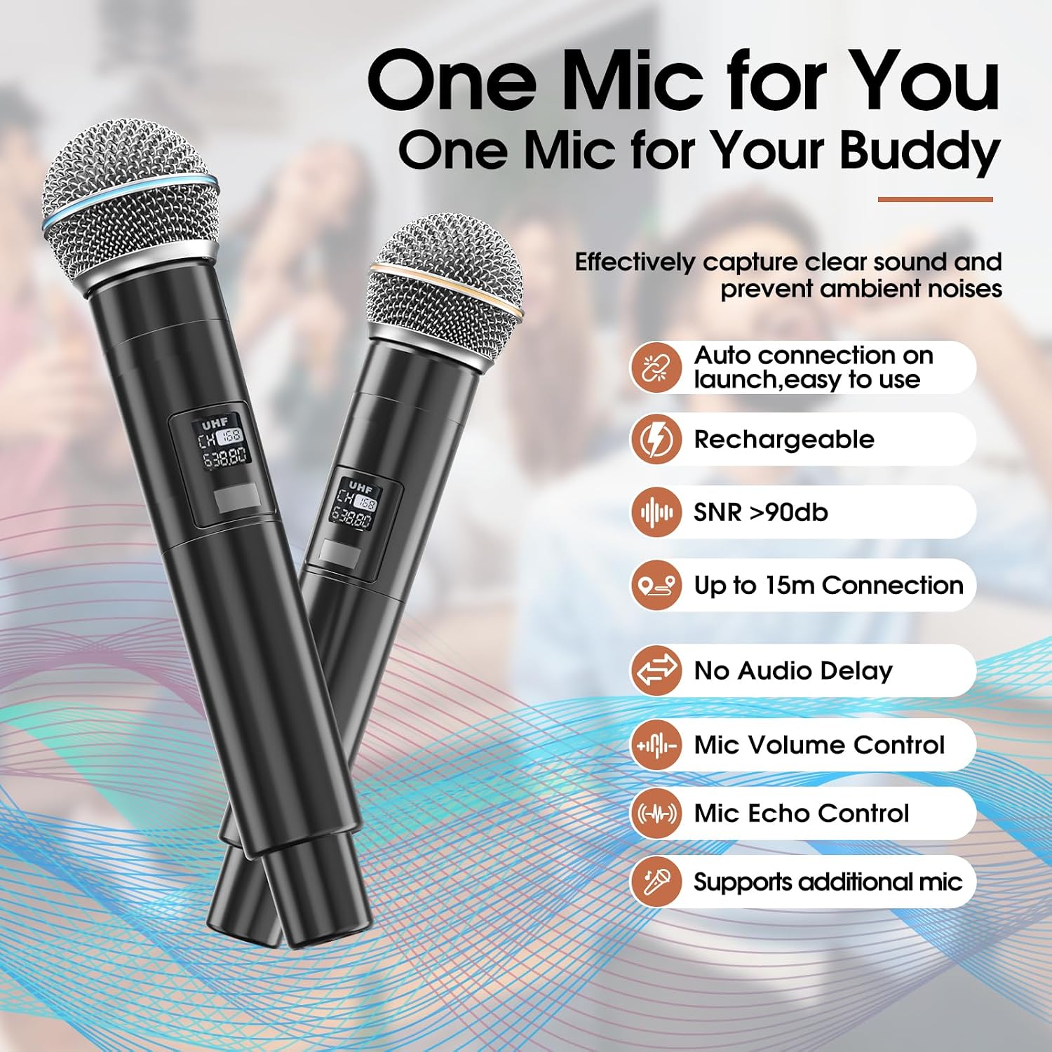 Detalle 2 de CARUDI S16 karaokemachine met twee draadloze microfoons en uitbreidbare microfoonkanalen