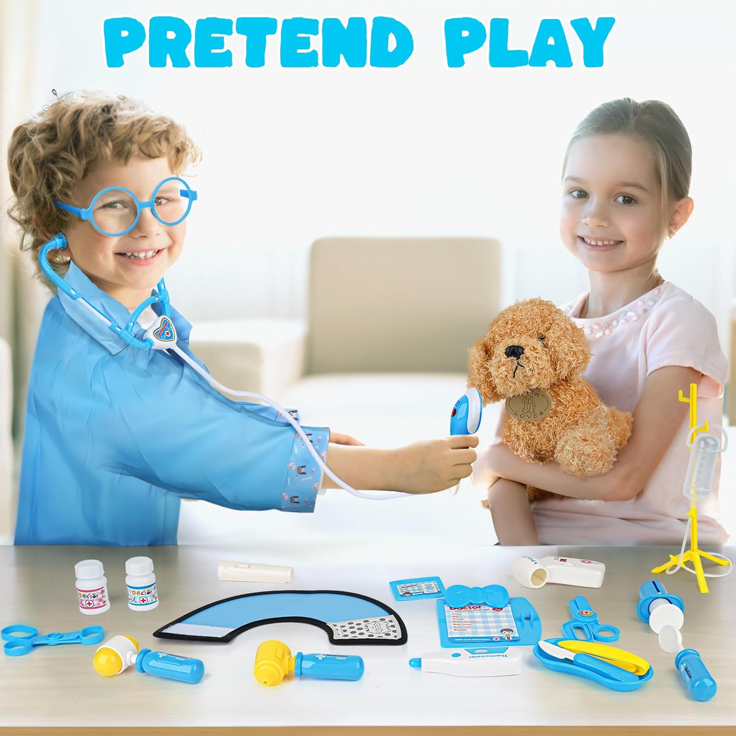 Thumbnail 4 de Sanlebi Doctors Set for Kids – Children’s Pet Vet Care Play Set with Doctor Costume, Plush Dog & 25-Piece Medical Kit (Blue)