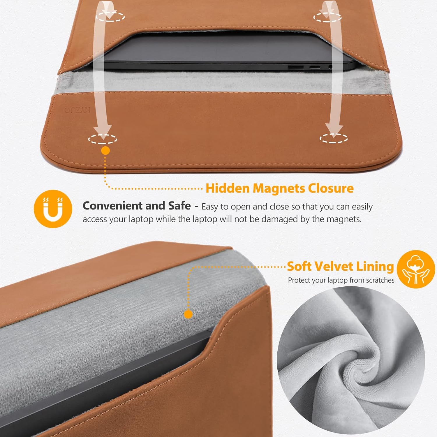 Detalle de HYZUO 15 Zoll Laptop Sleeve – Kunstleder Hülle (Braun) für MacBook Air 15, MacBook Pro 15 und Surface Laptop 7/6/5/4/3
