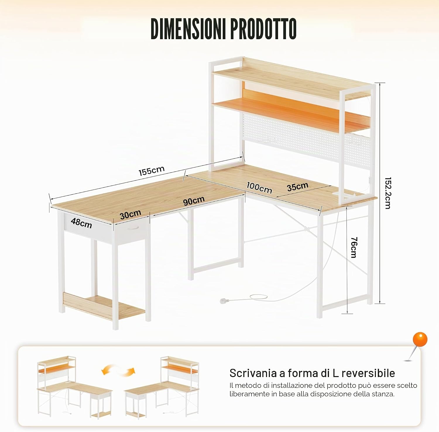 Thumbnail 1 de YOUDENOVA Scrivania Gaming con Pannello Forato, Libreria e LED RGB – Angolare reversibile, 155x100x152 cm, Legno Bianco