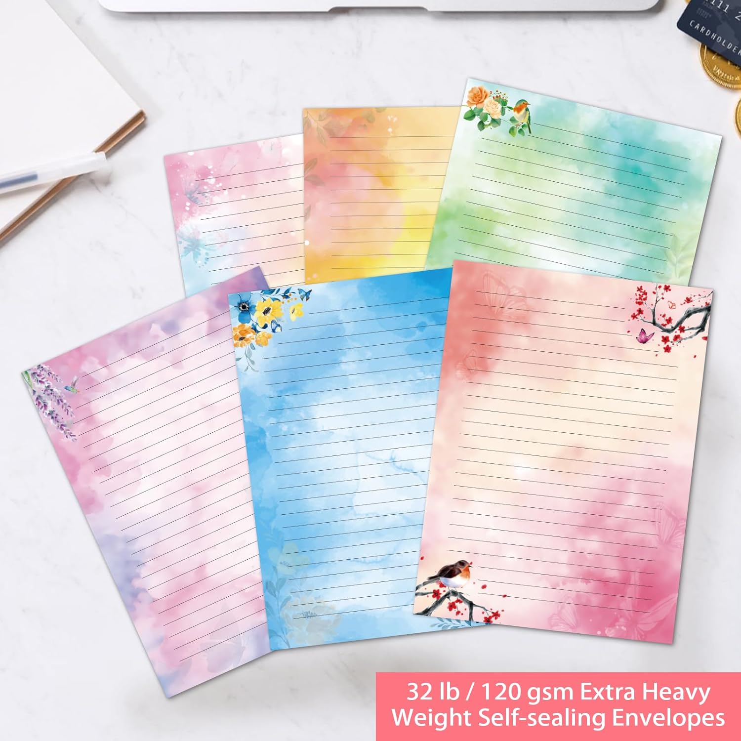 Thumbnail 4 de Set di cancelleria e buste A4 con carta da lettere a righe “motivo floreale e uccellino” – 48 fogli + 24 buste