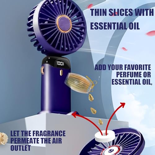 Detalle de Jsdoin Ventilador de mano portátil 5 velocidades + carga USB, diseño plegable con pantalla LED (Azul)