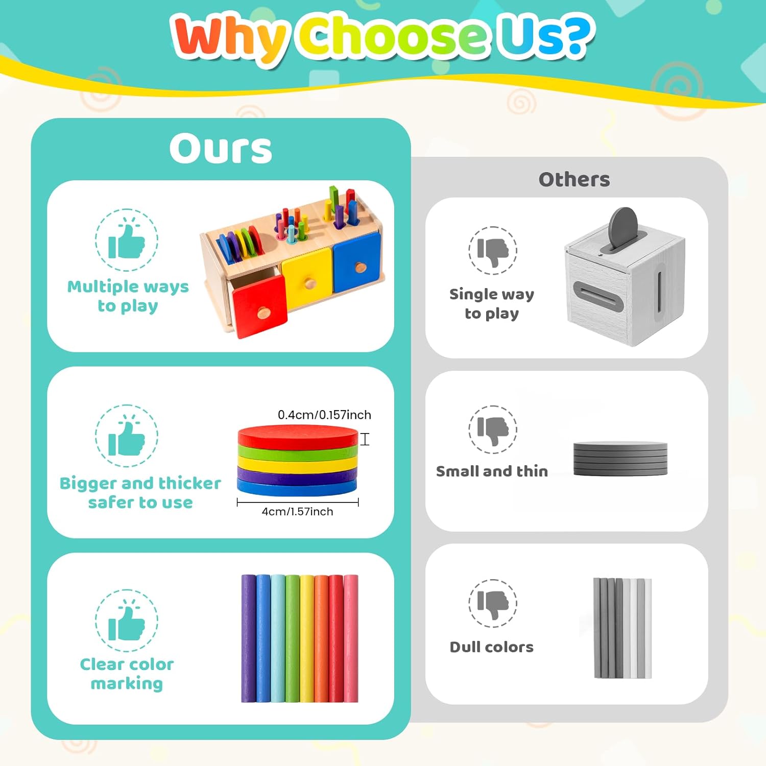 Detalle 2 de WEVOL Montessori Spielzeug ab 1 Jahr – 3-in-1 Sortierbox aus Holz mit Farben- & Formsortierung
