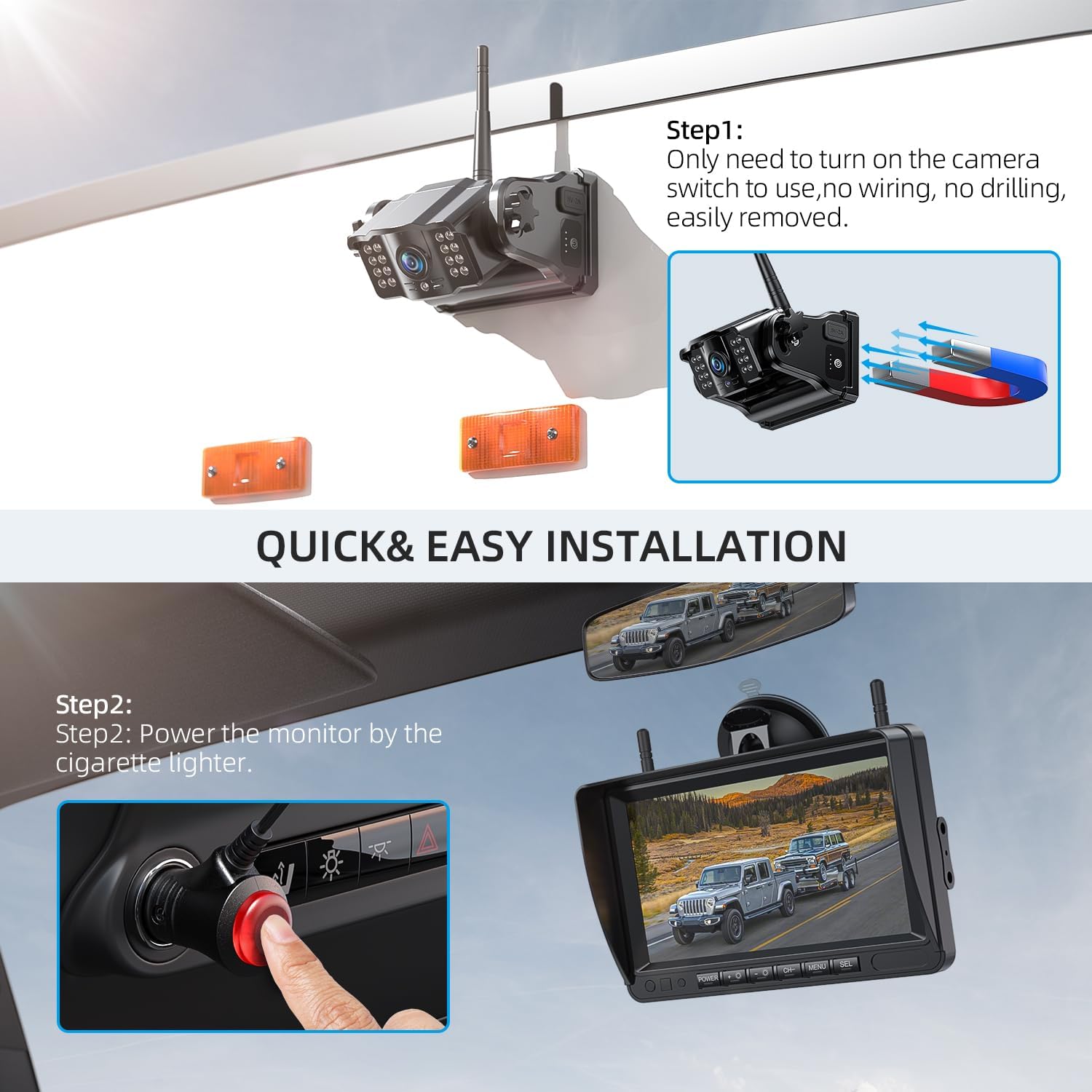 Thumbnail 1 de eRapta 2 Magnetic Wireless Reversing Camera Kit with 7” IPS Monitor (1080P, rechargeable 9600mAh)