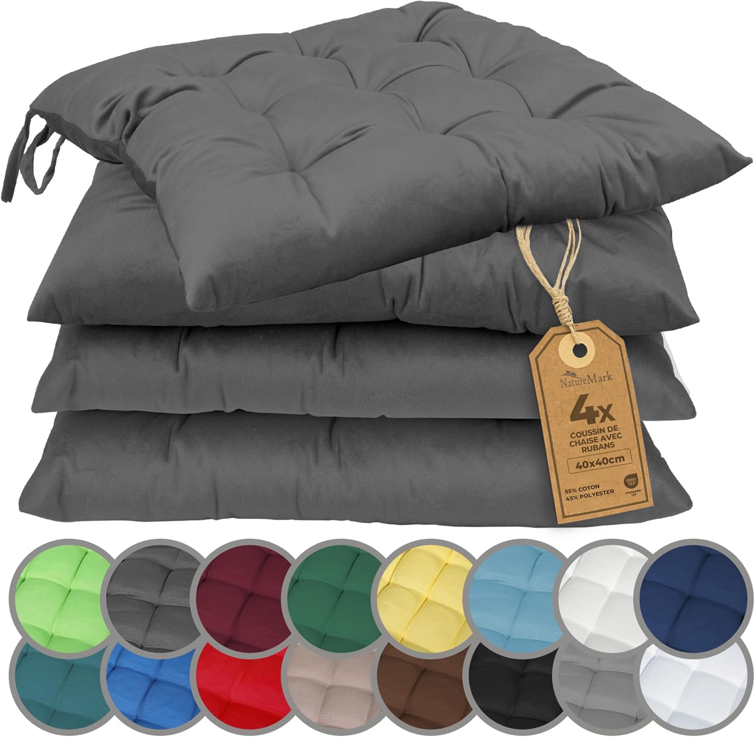 Detalle de NatureMark lot de 4 galettes de chaise grises argentées 40 x 40 cm avec rubans (épaisseur 3 cm)