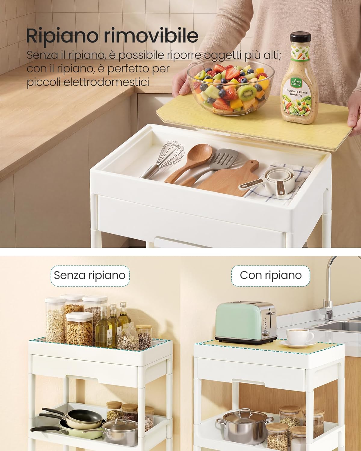 Detalle 2 de SONGMICS Carrello a 4 Ripiani BSC070W101: praticità su ruote per cucina, bagno e lavanderia