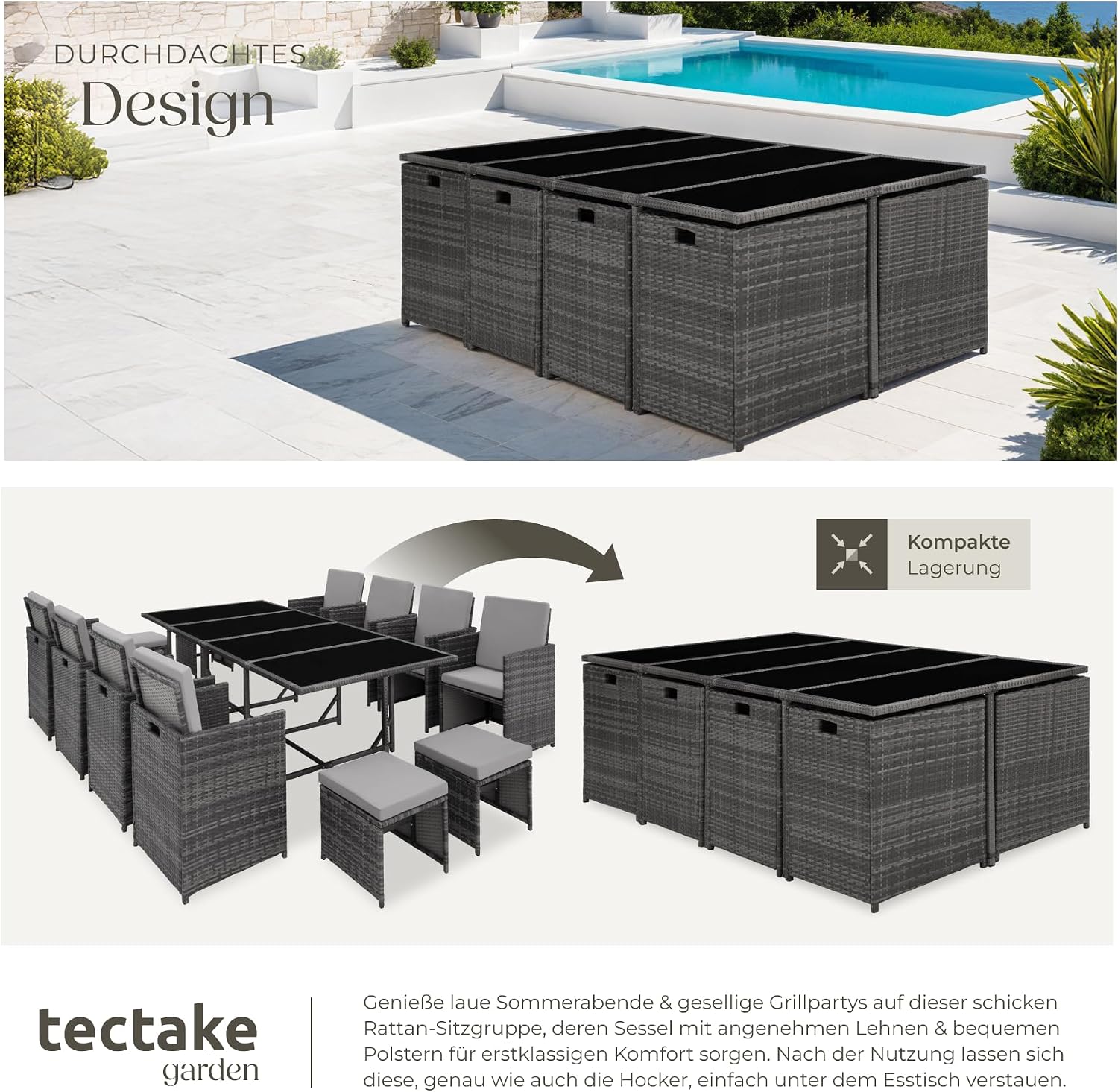 Detalle 2 de tectake Gartenlounge Set mit Polyrattan: 8 Stühle + 4 Hocker + 1 Tisch (8+4+1), grau/hellgrau