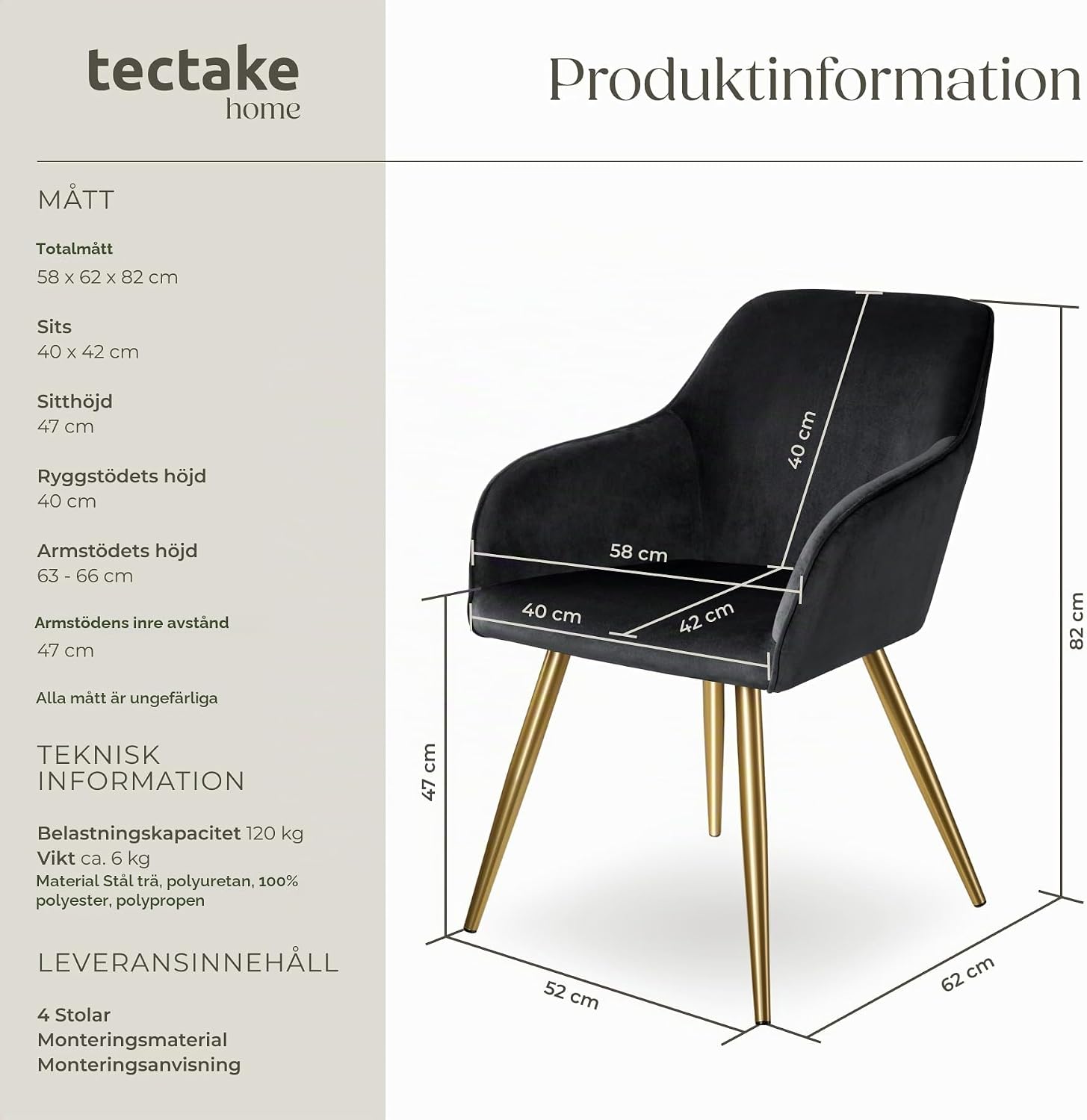 Thumbnail 2 de tectake 404015-3 matstolar i sammetslook, svart/guld, med armstöd