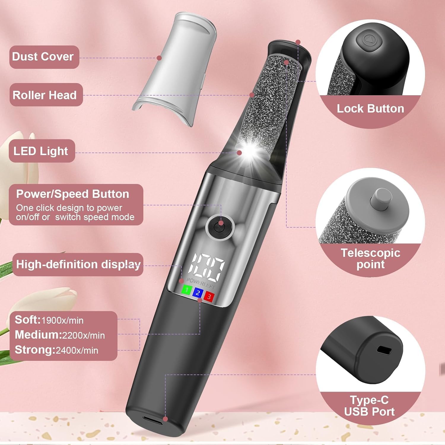 Thumbnail 1 de Dongxw Electric Callus Remover for Feet – Rechargeable Foot File with 3 Roller Heads