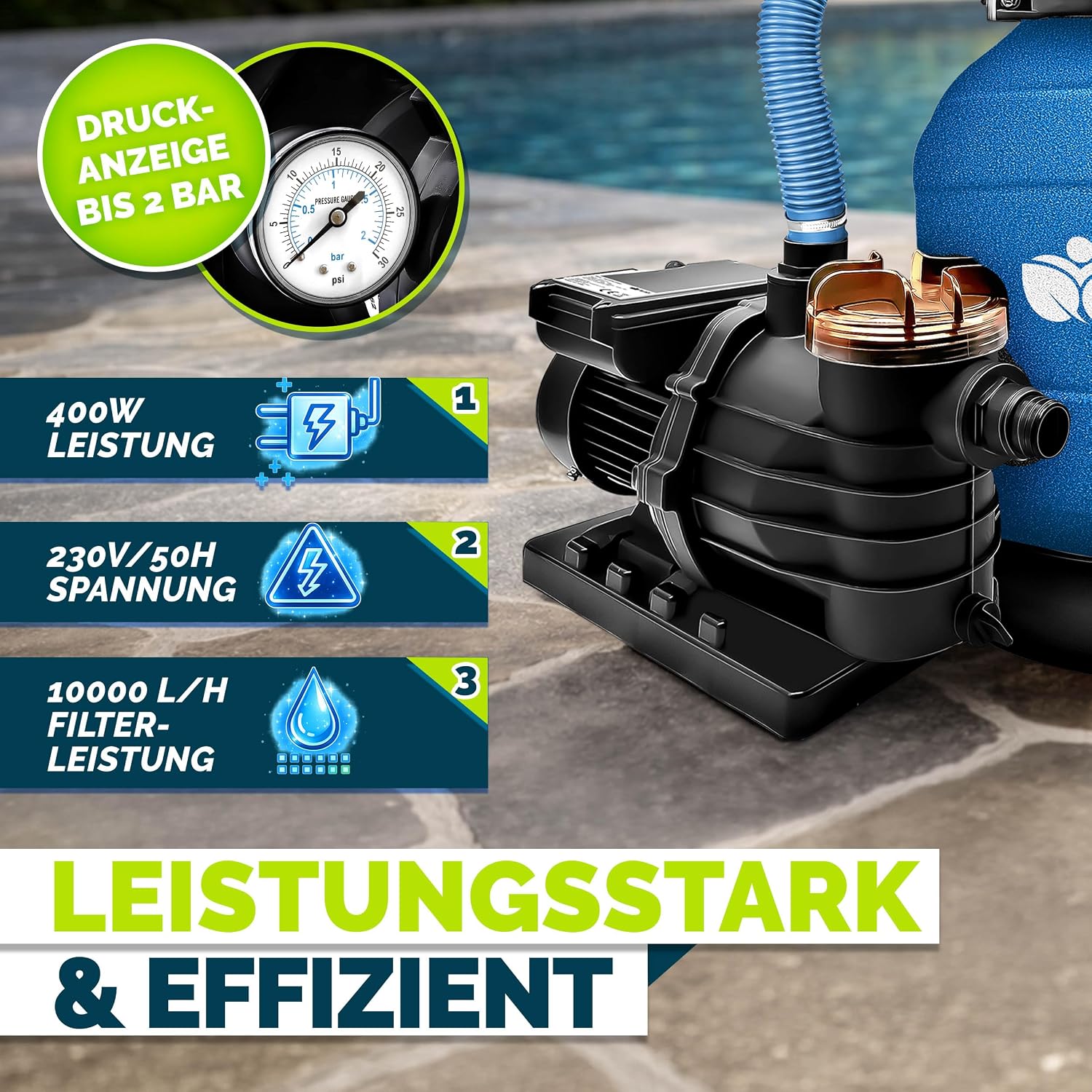 Detalle de Tillvex Sandfilteranlage Pool 10 m³/h inkl. 800 g Filterbälle – 7-Wege Ventil, Ø32/38 mm, Druckanzeige
