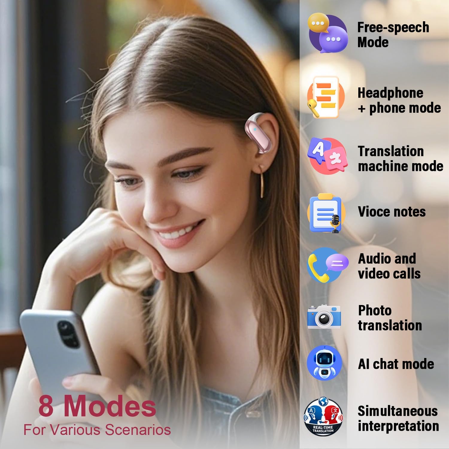 Detalle de AI Écouteur Traducteur Instantané 3 en 1 – Bluetooth 5.4, 165 langues, LED, 42h, Open Ear Rose