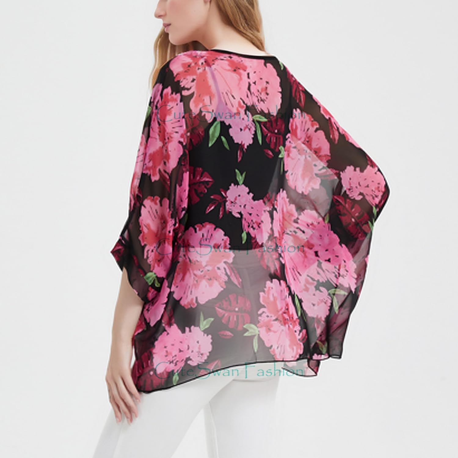 Thumbnail 5 de CuteSwan women’s bohemian print chiffon blouse tunic top (loose V-neck, batwing sleeves)