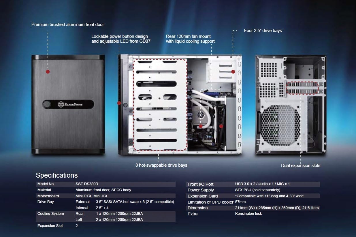 Detalle de SilverStone SST-DS380 – obudowa Mini-ITX na 12 dysków, hot-swap, czarna