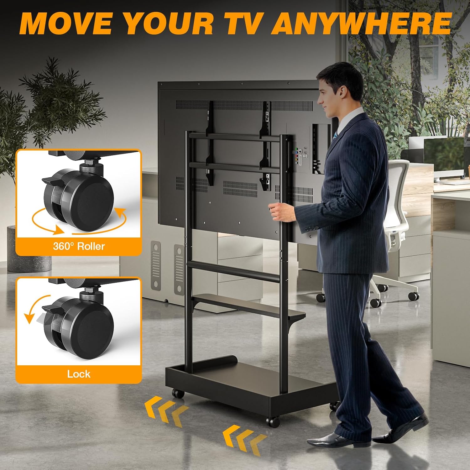 Thumbnail 3 de TVON support TV sur pied à roulettes pour écrans 40 à 86 pouces, hauteur réglable et socle en bois (VESA jusqu’à 600x400)