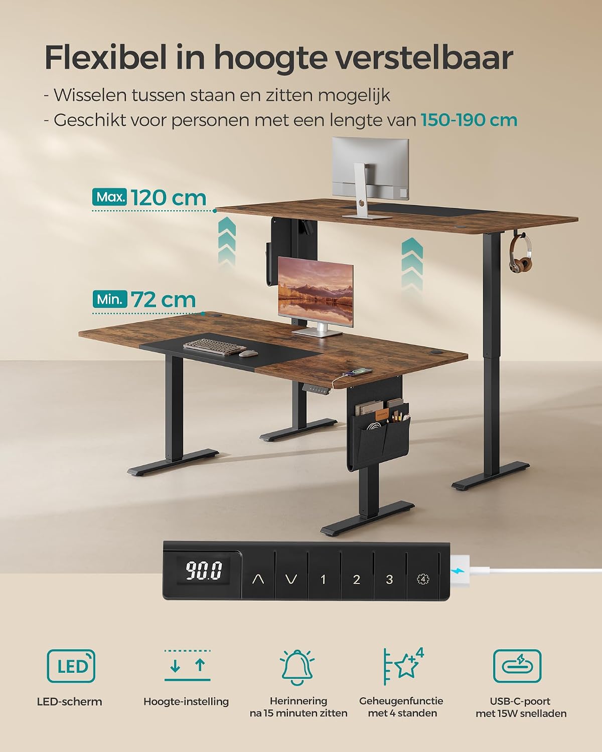 Thumbnail 3 de SONGMICS LSD028KD01 elektrisch zit-sta-bureau 180 x 80 cm met USB-C