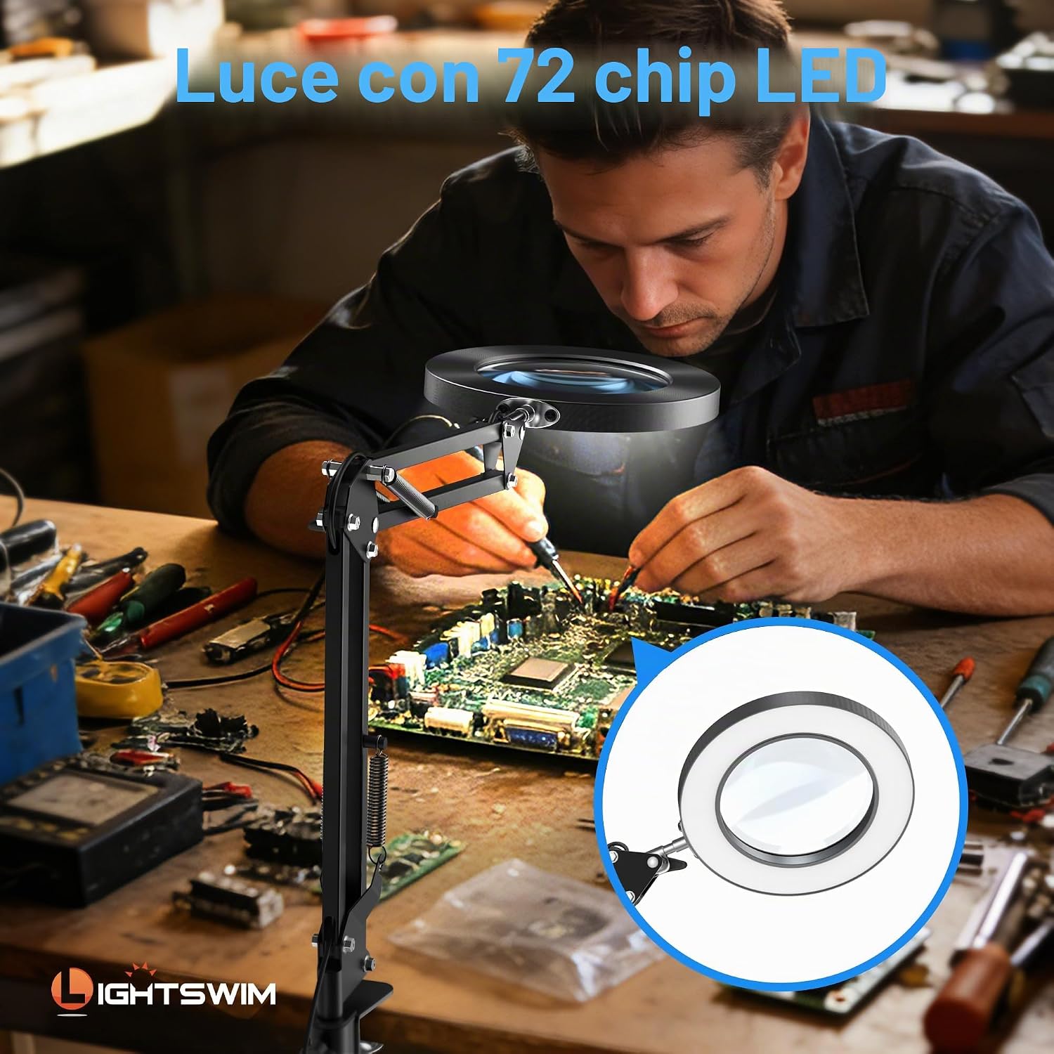 Detalle de Lampada da scrivania con lente d'ingrandimento 10X a LED con morsetto e lenti 30X/45X