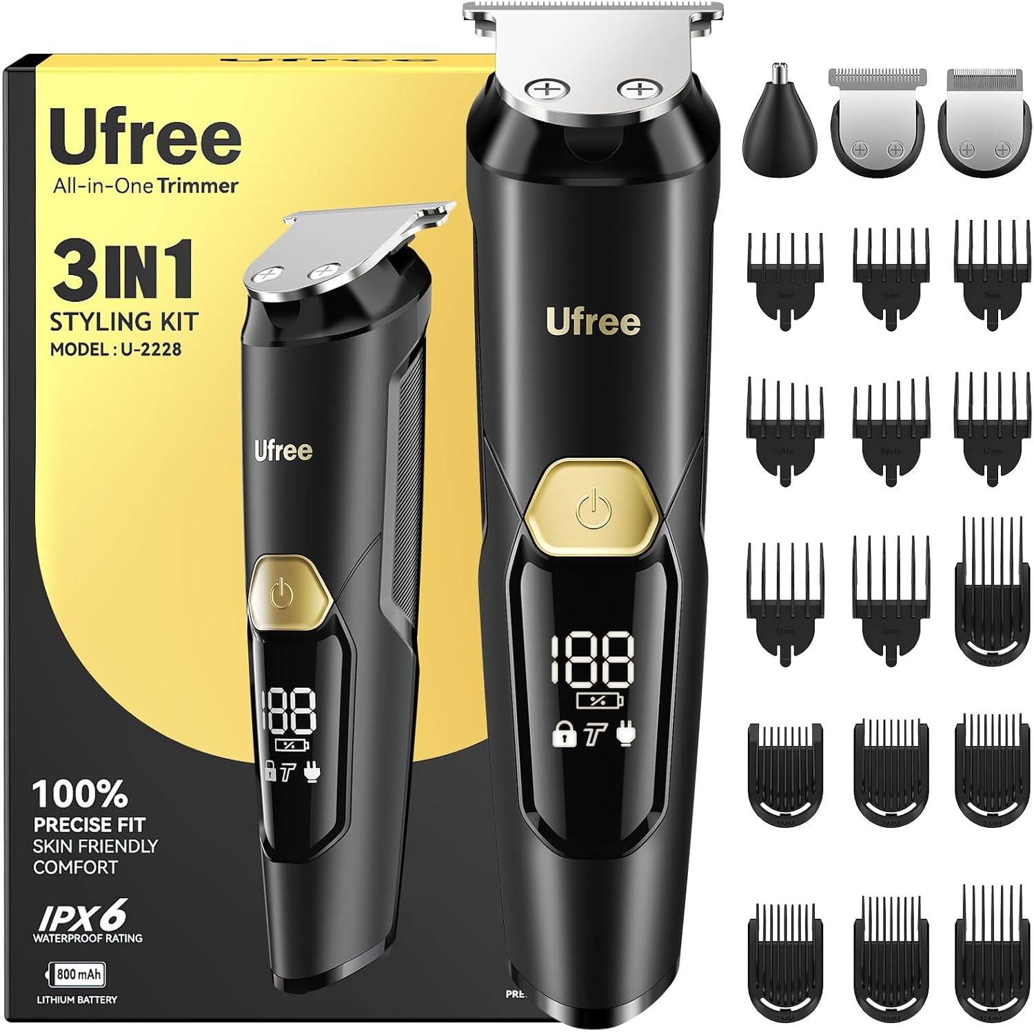 Detalle de Ufree 3 in 1 Barttrimmer Herren Kit 120 min Laufzeit ⌚📦📱📏📏📏