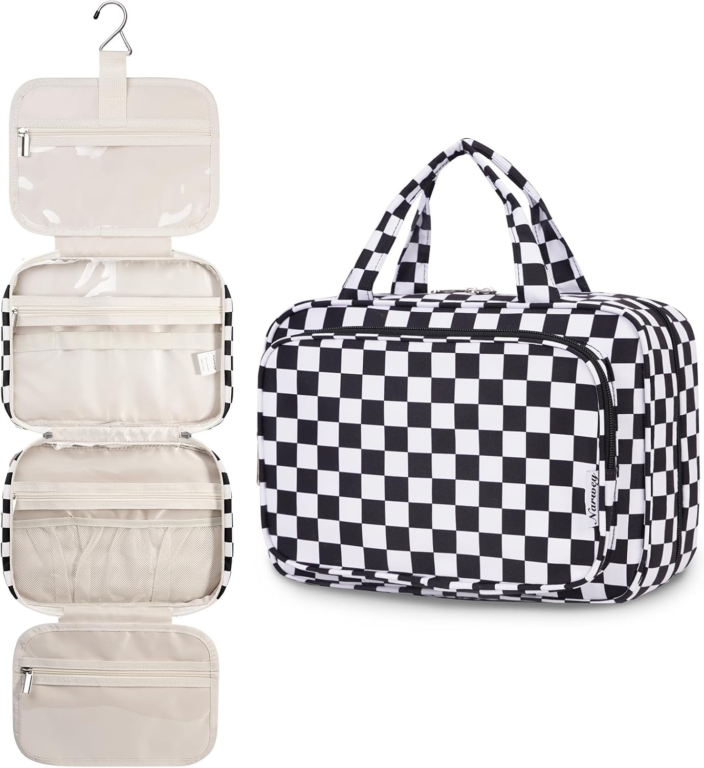Detalle de Narwey Large Checkered Hanging Toiletry Bag (Light, large) with multiple compartments
