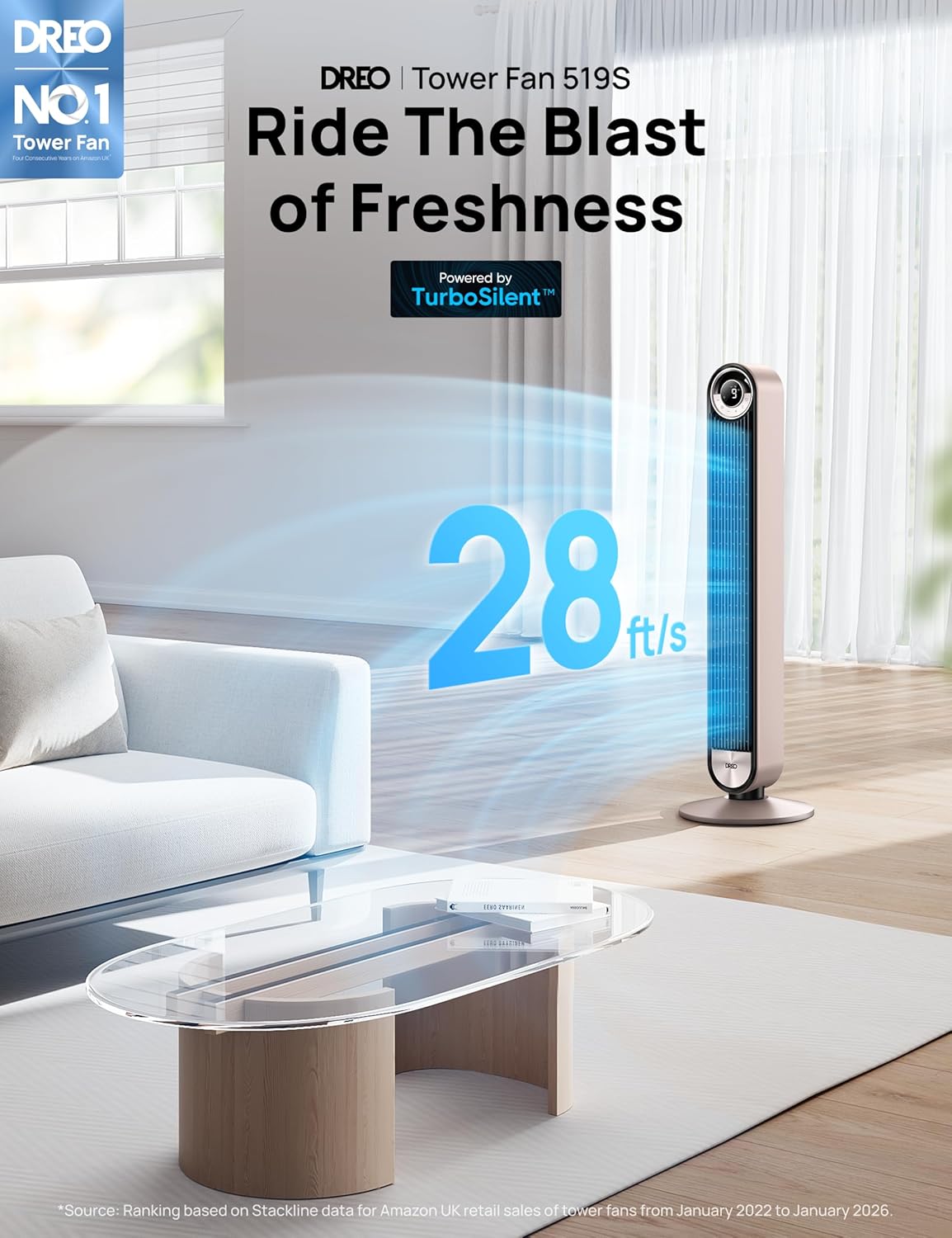 Thumbnail 1 de DREO 20dB Smart Tower Fan (Starlight) – WiFi/Alexa, 9 speeds and bladeless 90° oscillation