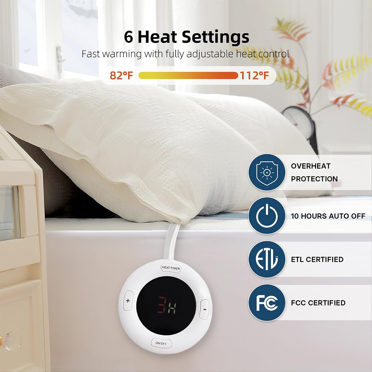 Detalle 1 de GOTCOZY MP-A-ALN-K Heated Mattress Pad, King, Blue, 6 Heat Settings