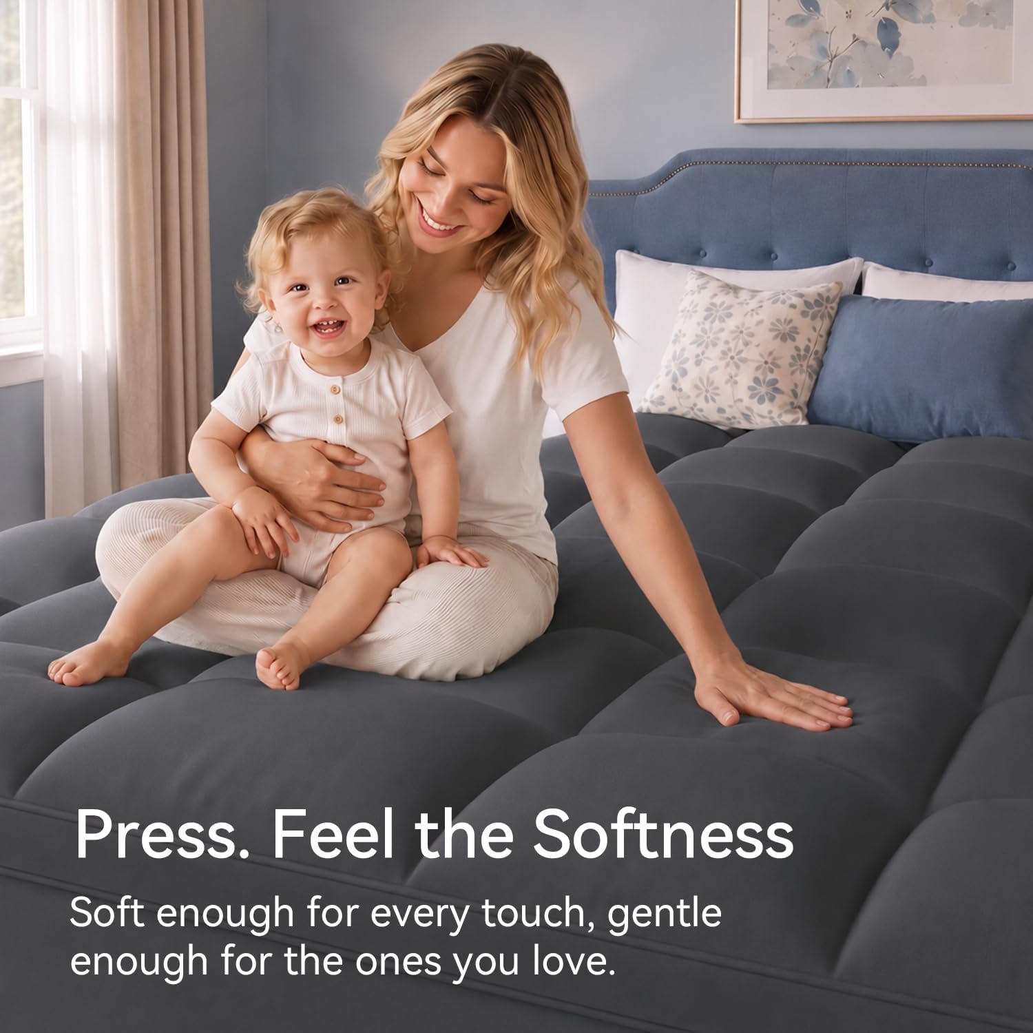 Detalle de ELEMUSE Queen Mattress Topper, Gray Pillow Top, Breathable Microfiber, Deep Pocket