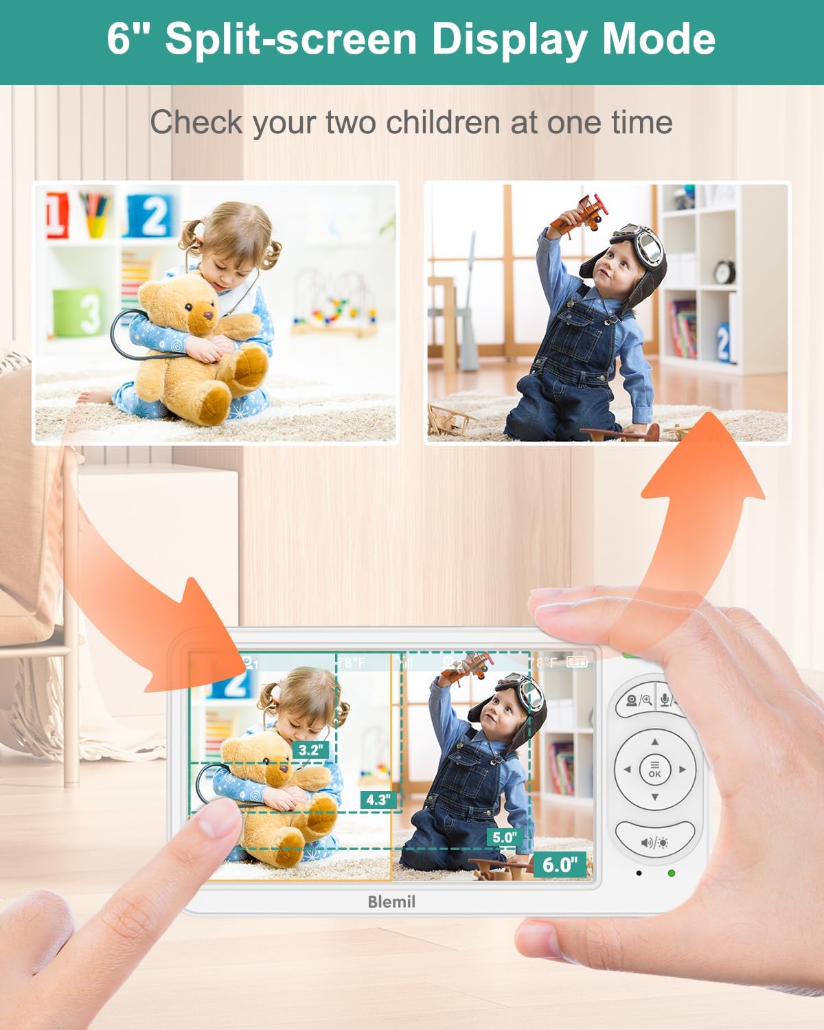 Detalle 2 de Blemil BL9064-2 Video Baby Monitor, 6-Inch Split Screen, 2 Cameras, No Wi-Fi