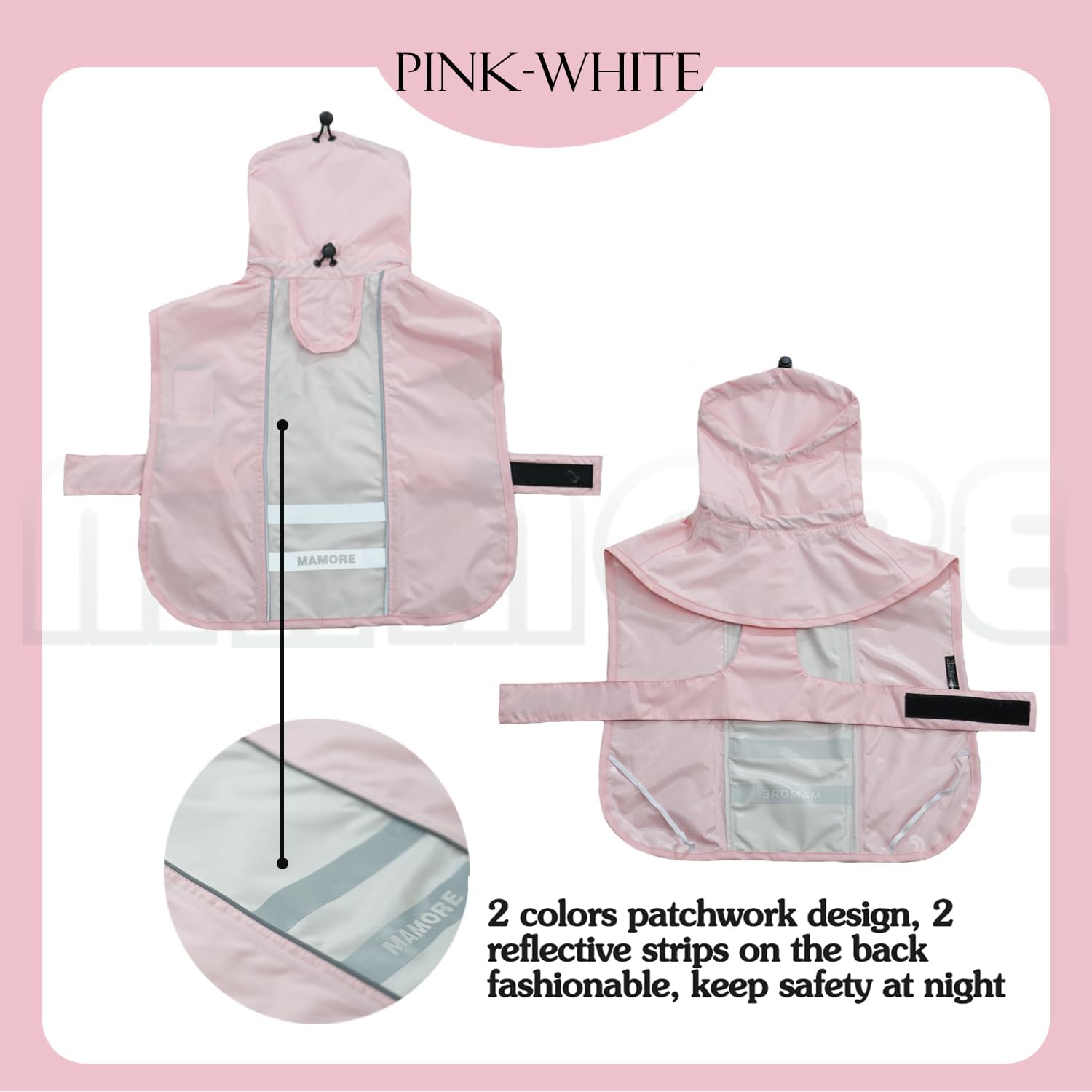 Detalle de Waterproof Dog Raincoat with Reflective Strip and Leash Hole (Pink & White) – S (4–6kg)