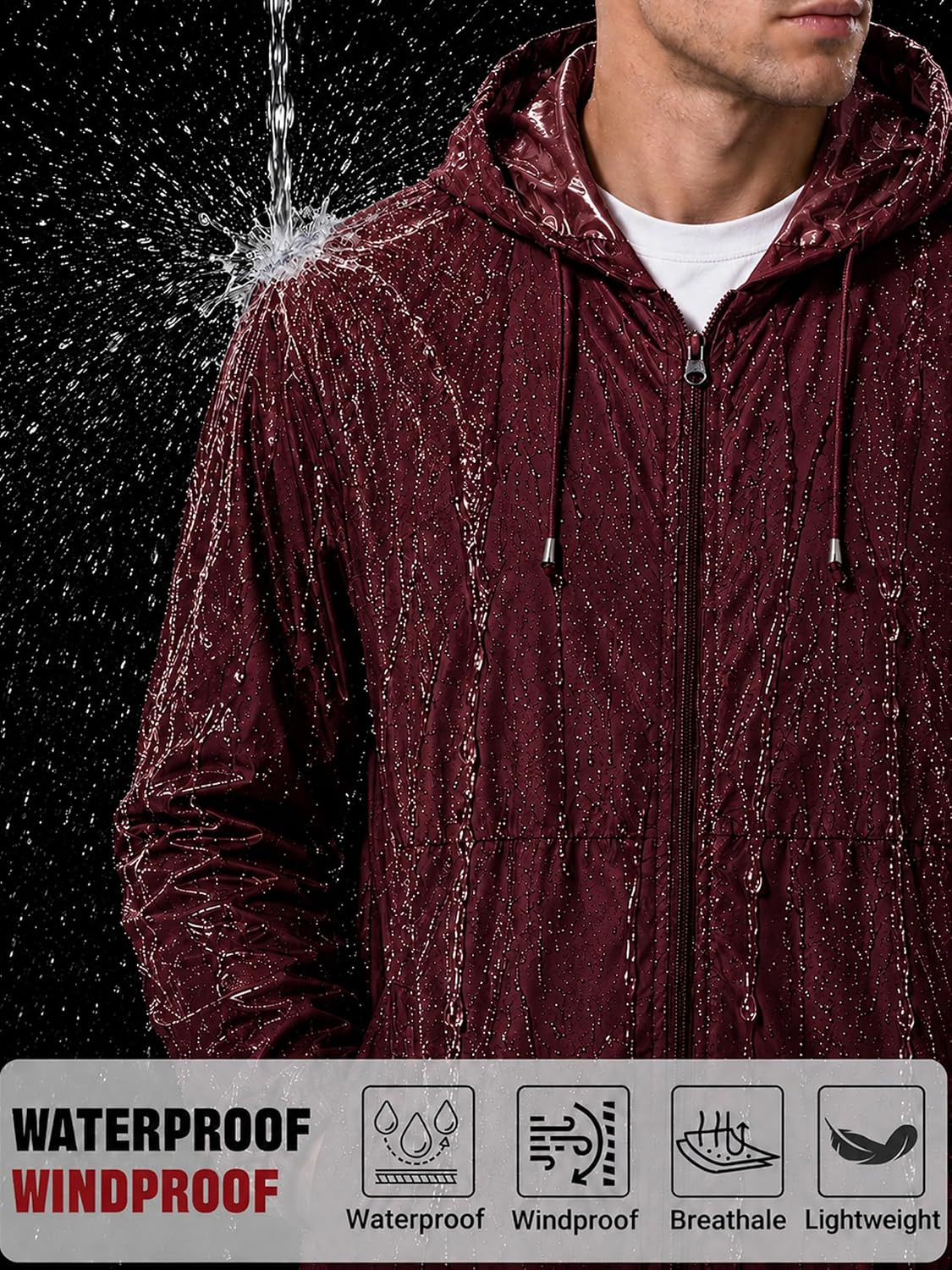 Detalle de Uposiut Men's Packable Rain Jacket, Hooded, 10,000 mm H₂O Waterproof