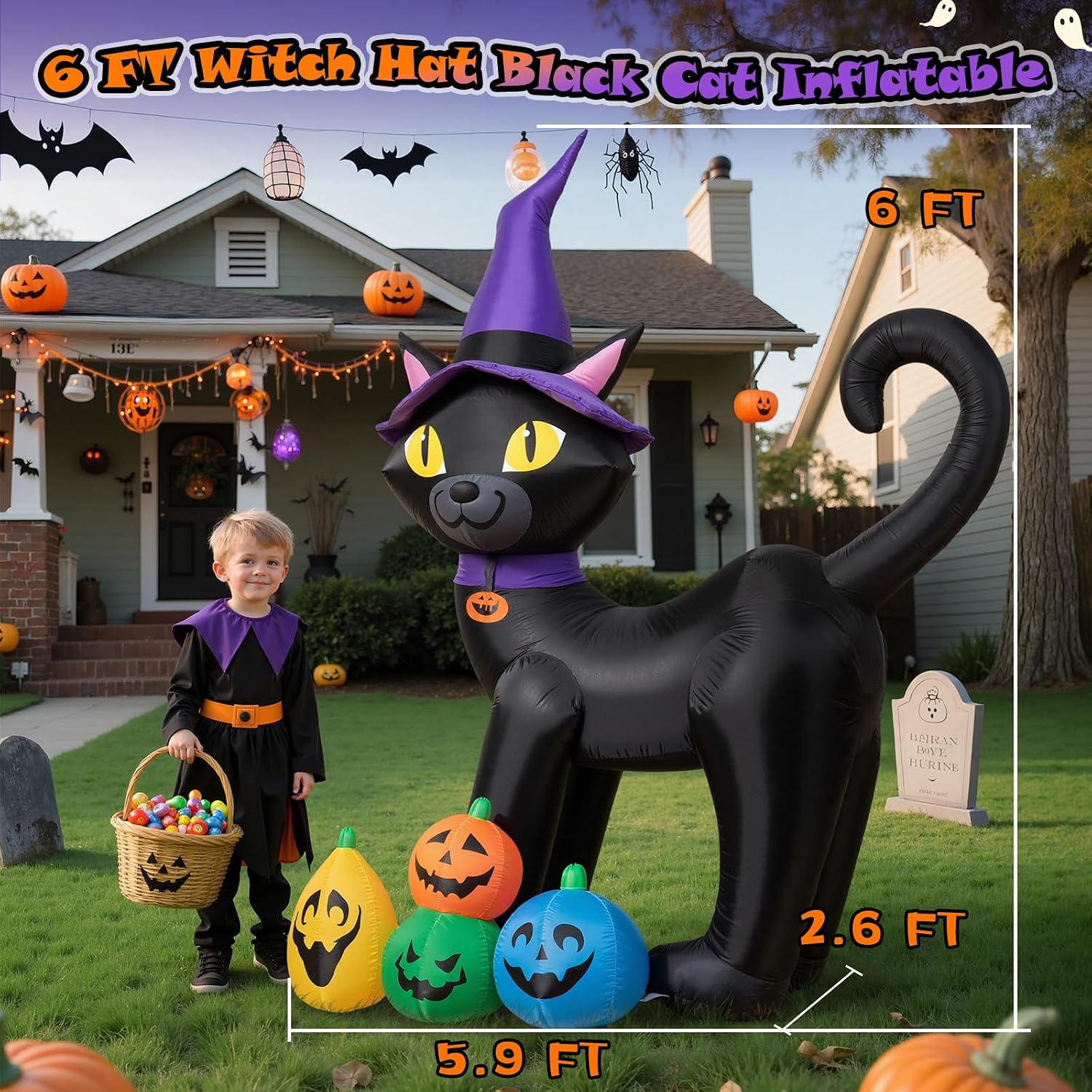 Detalle de Dawdix 6FT Halloween Inflatable Black Cat with Witch Hat, LEDs and Pumpkins