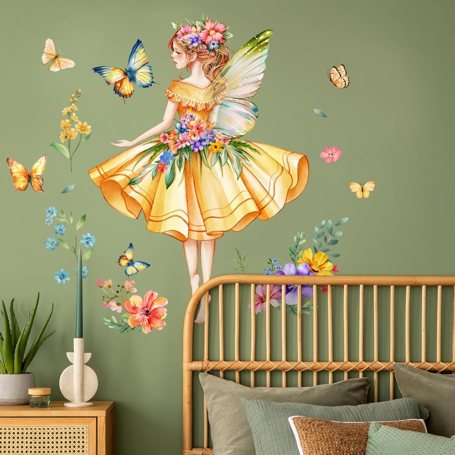 Thumbnail 1 de Girl Wall Stickers: Flower Fairy Wall Decal by WOFEU — Colourful Floral Mural for Nursery and Bedroom