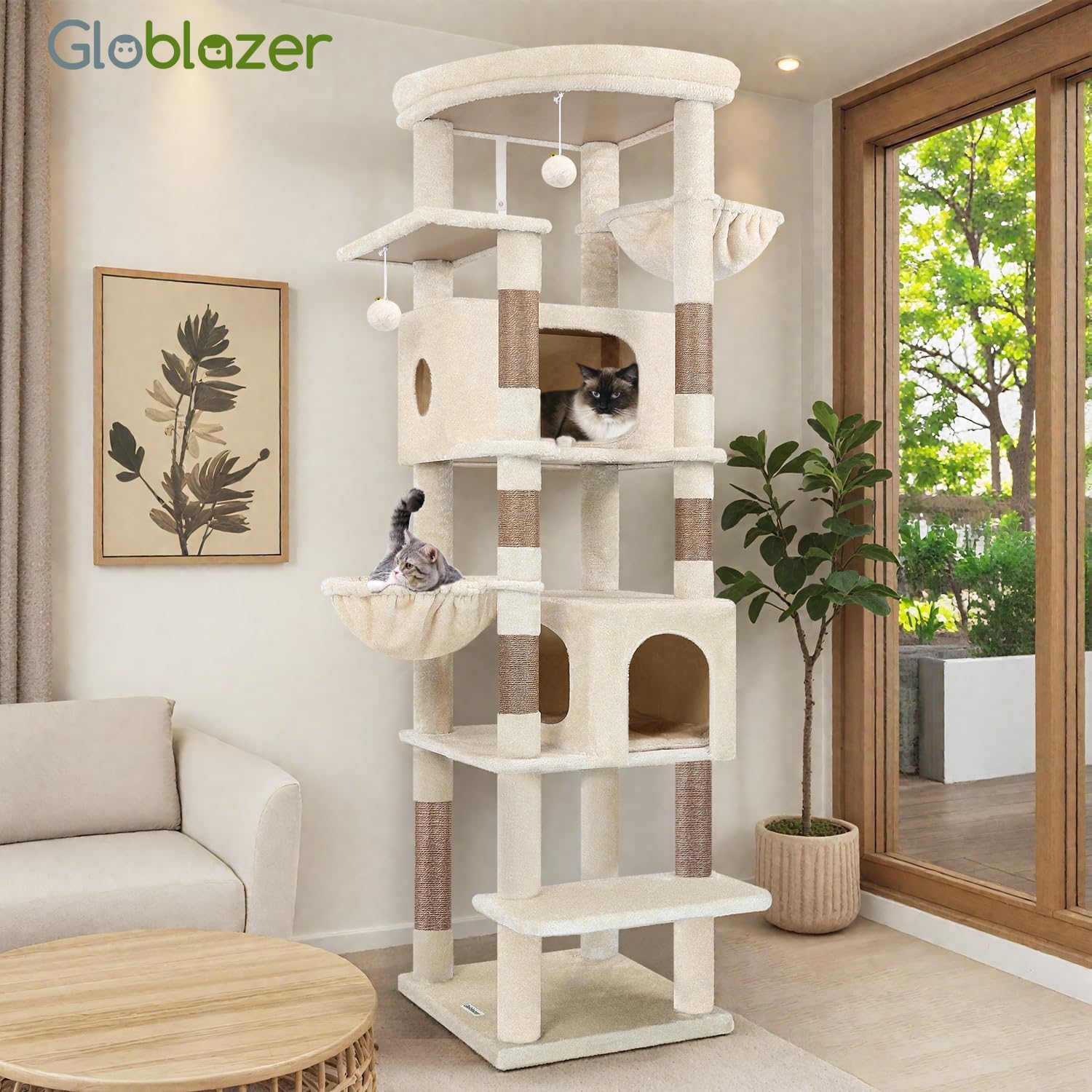 Thumbnail 6 de Globlazer Tiragraffi Beige Grandi Alto 188 cm con 2 Grotta, 2 Cesto e Piattaforma Imbottiti – Antiribaltamento, morbido peluche