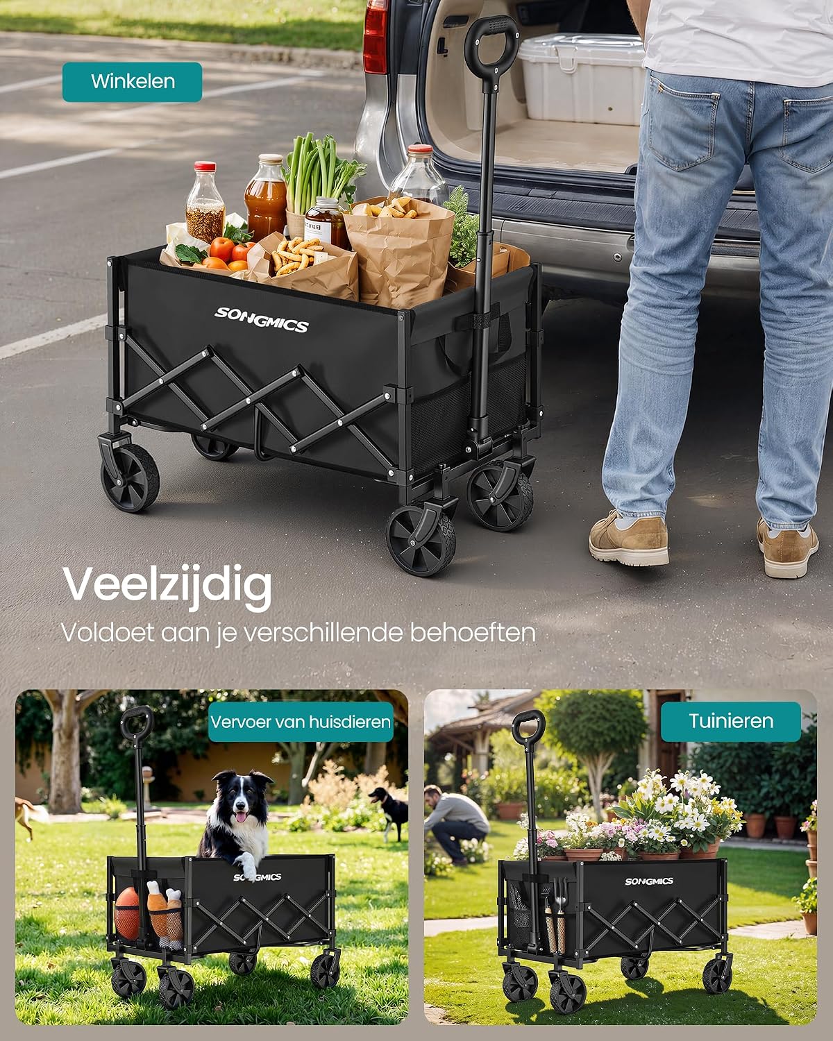 Detalle de SONGMICS GFW909B01 opvouwbare handkar, 90 liter, met vier wielen