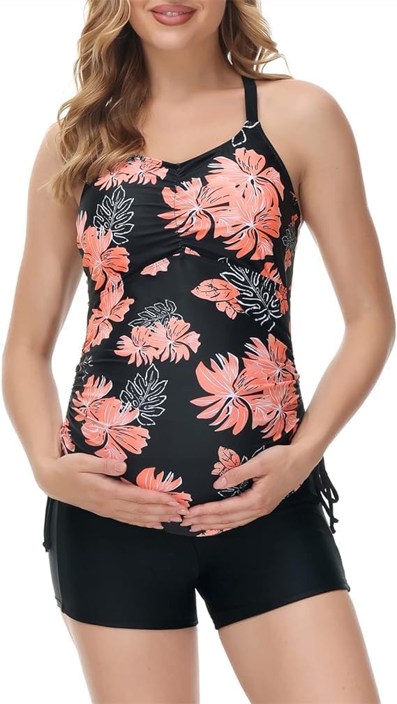 Thumbnail 1 de Maacie maternity athletic swimsuit set (two-piece) with floral print ruched top and shorts