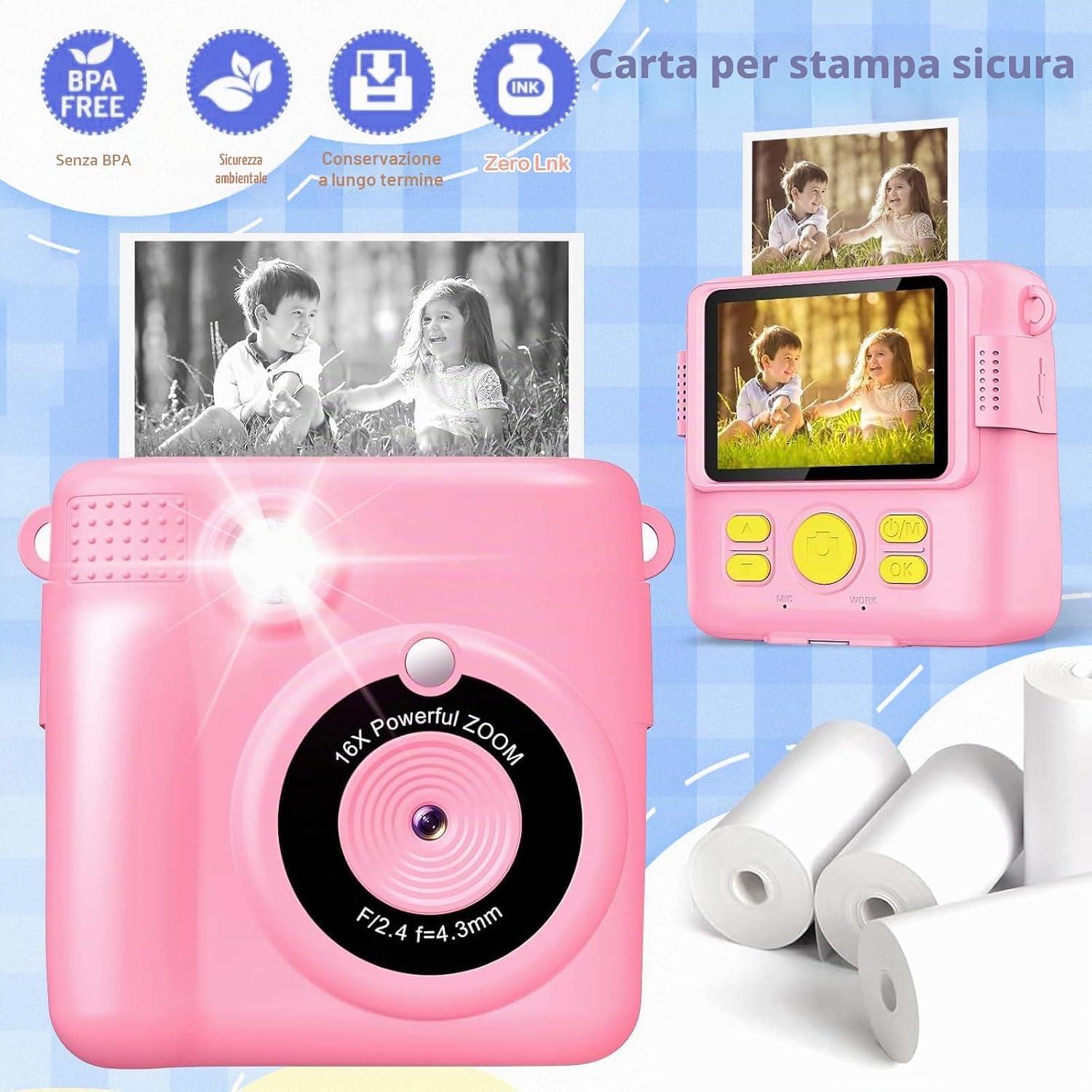 Detalle de 10 rotoli carta termica 57x30 mm per mini stampanti e fotocamere istantanee per bambini (bianca, BPA free)