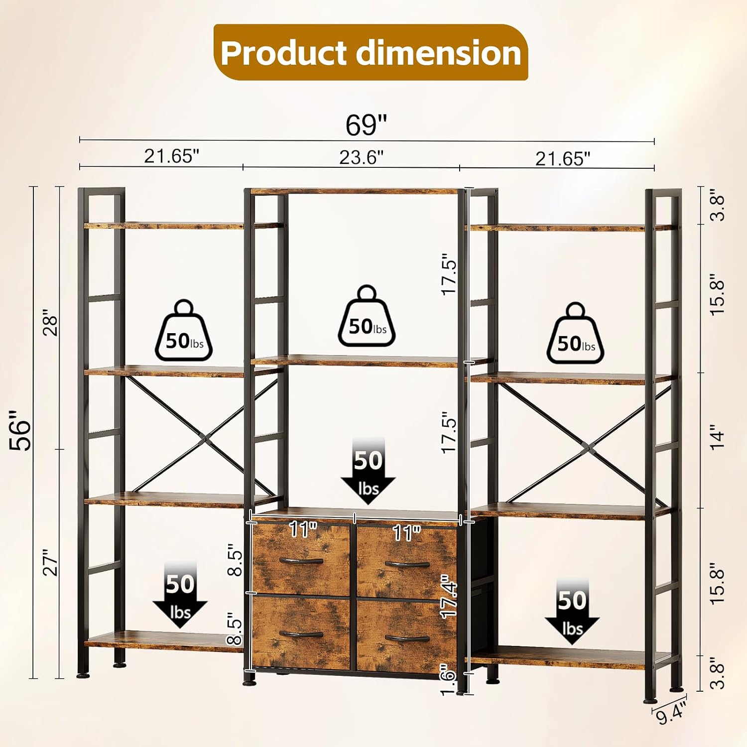 Thumbnail 2 de VERMESS Triple Bookshelf, 4-Tier 69-Inch Wide Shelf with Adjustable Drawers