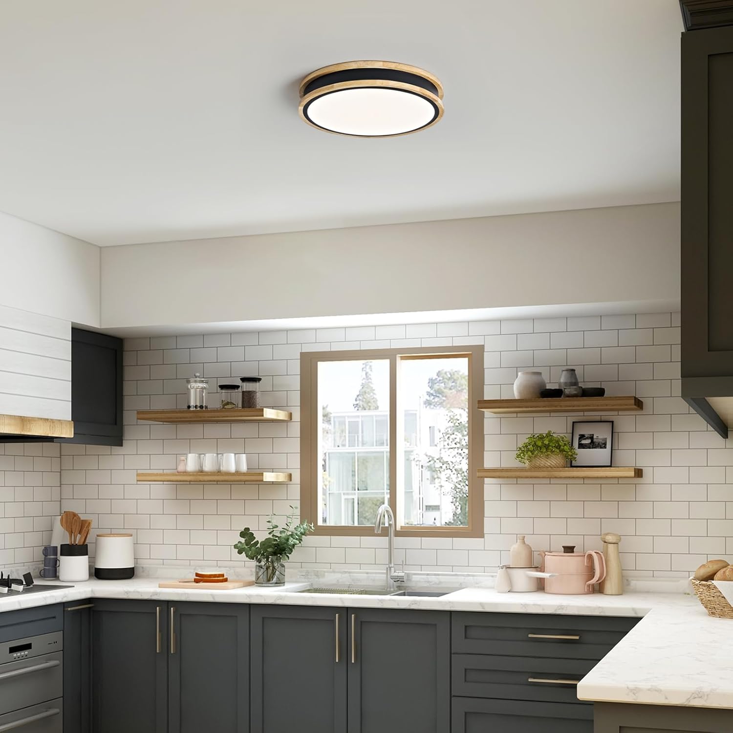 Detalle de Vikaey Plafonnier LED en bois noir 30 cm – 24 W, lumière 4000 K