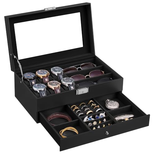 Detalle de SONGMICS Porta Orologi, 6 Posti, con Cassetto e Coperchio in Vetro – Organizzazione elegante per tuo stile